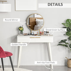 Kozy Elegant Dressing Table, with Round Mirror, 80 x 40 x 123 cm - White