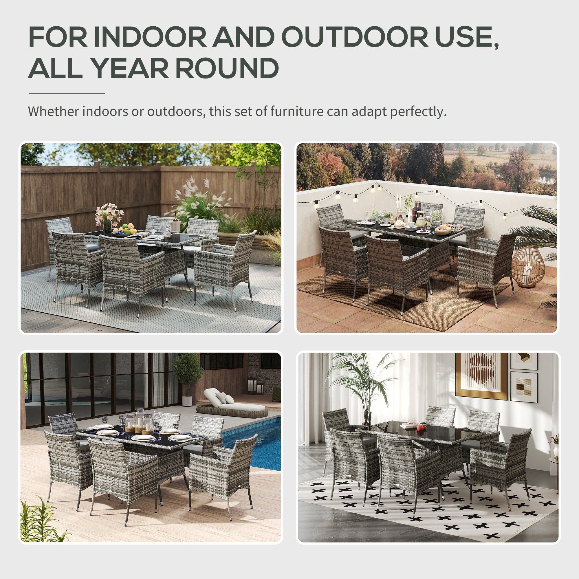 Kozy 7-Piece Rattan Garden Furniture Set with Cushions, 6 Seater Garden Table and Chairs, Rattan Dining Set with 6 Armchairs, Rectangular Glass Top Table, Grey