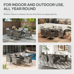 Kozy 7-Piece Rattan Garden Furniture Set with Cushions, 6 Seater Garden Table and Chairs, Rattan Dining Set with 6 Armchairs, Rectangular Glass Top Table, Grey