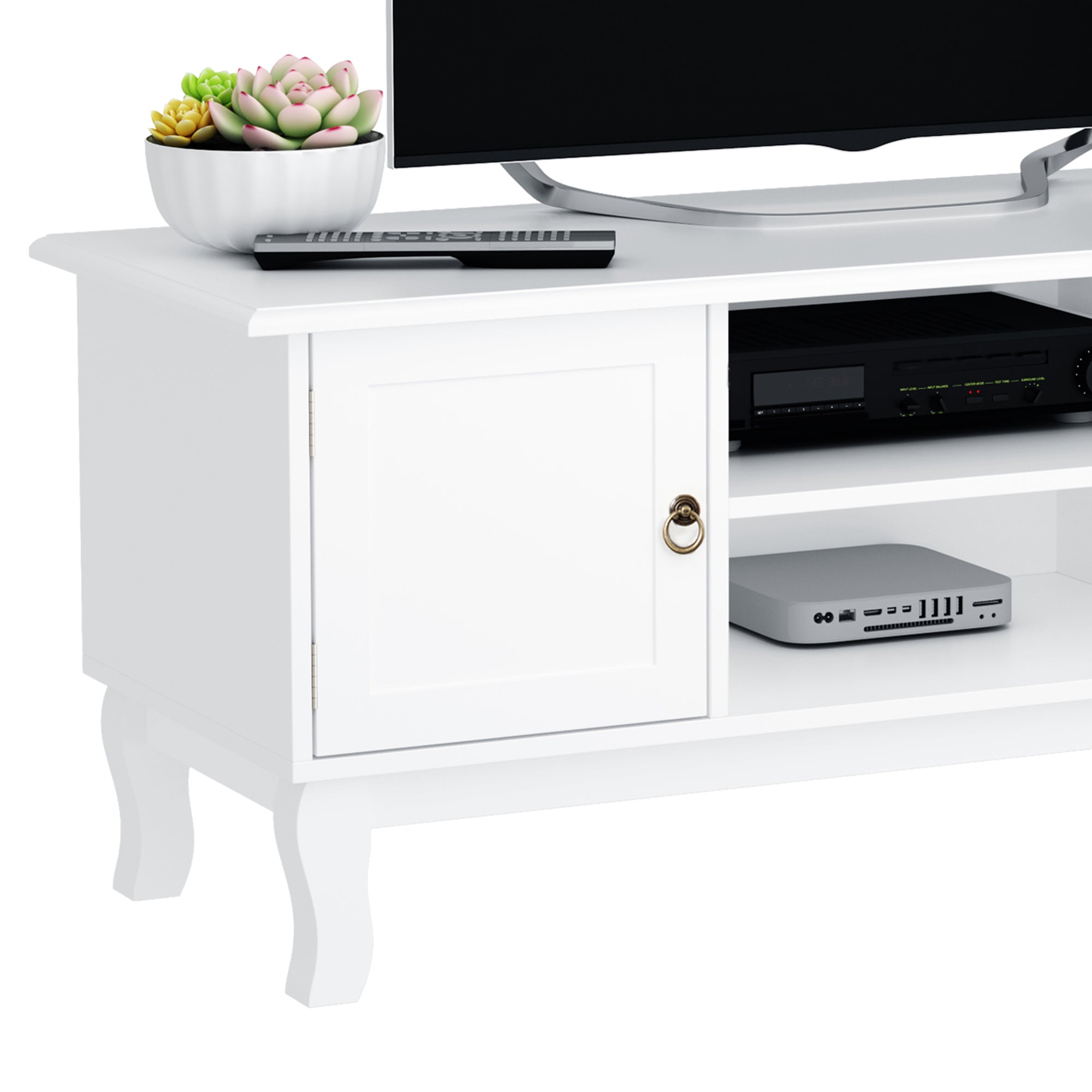 Kozy TV Unit up to 55", 2 Doors TV Cabinet with Open Storage Shelves and Cable Management for Living Room, Bedroom, Entertainment Room, 120L x 45W x 50.5H, White