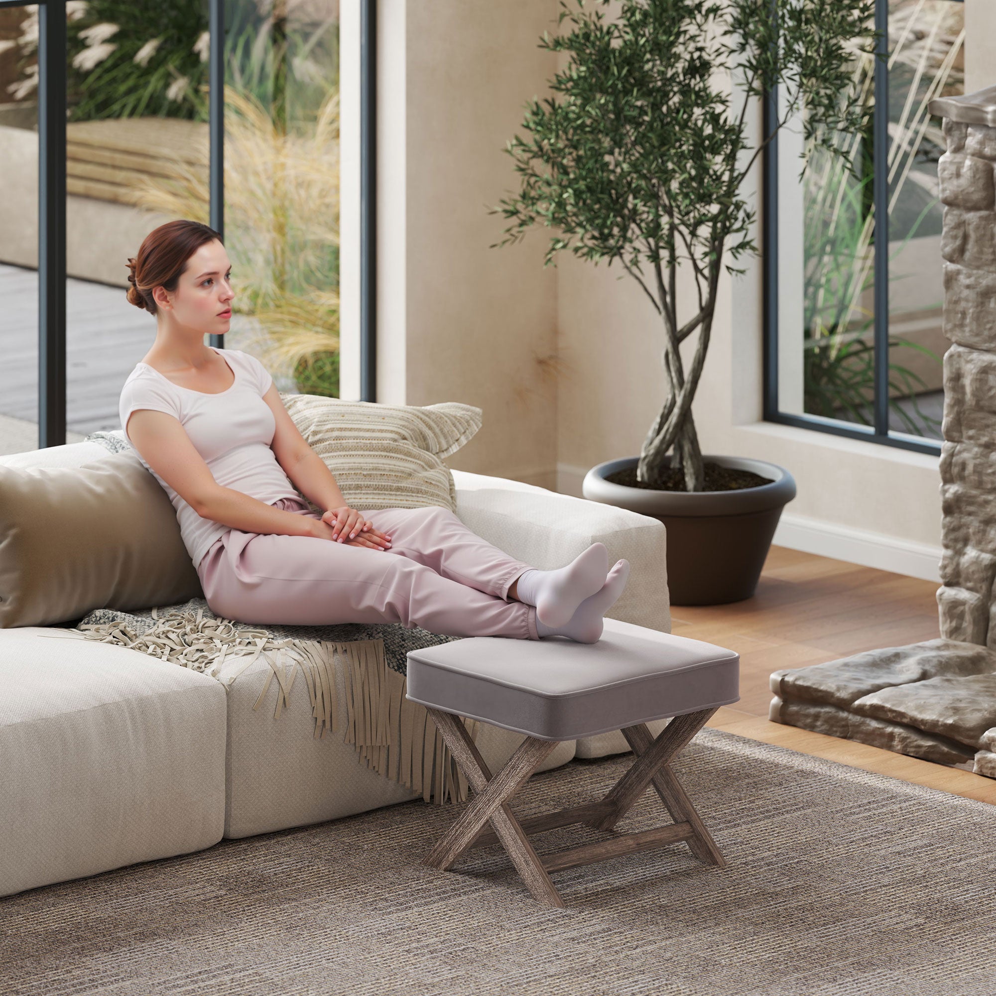 Kozy Vintage Footstool Padded Seat X Leg Chair Velvet Cover Shabby Chic Footrest Solid Rubber Wood Frame 49.5 x 45 x 41 cm Grey