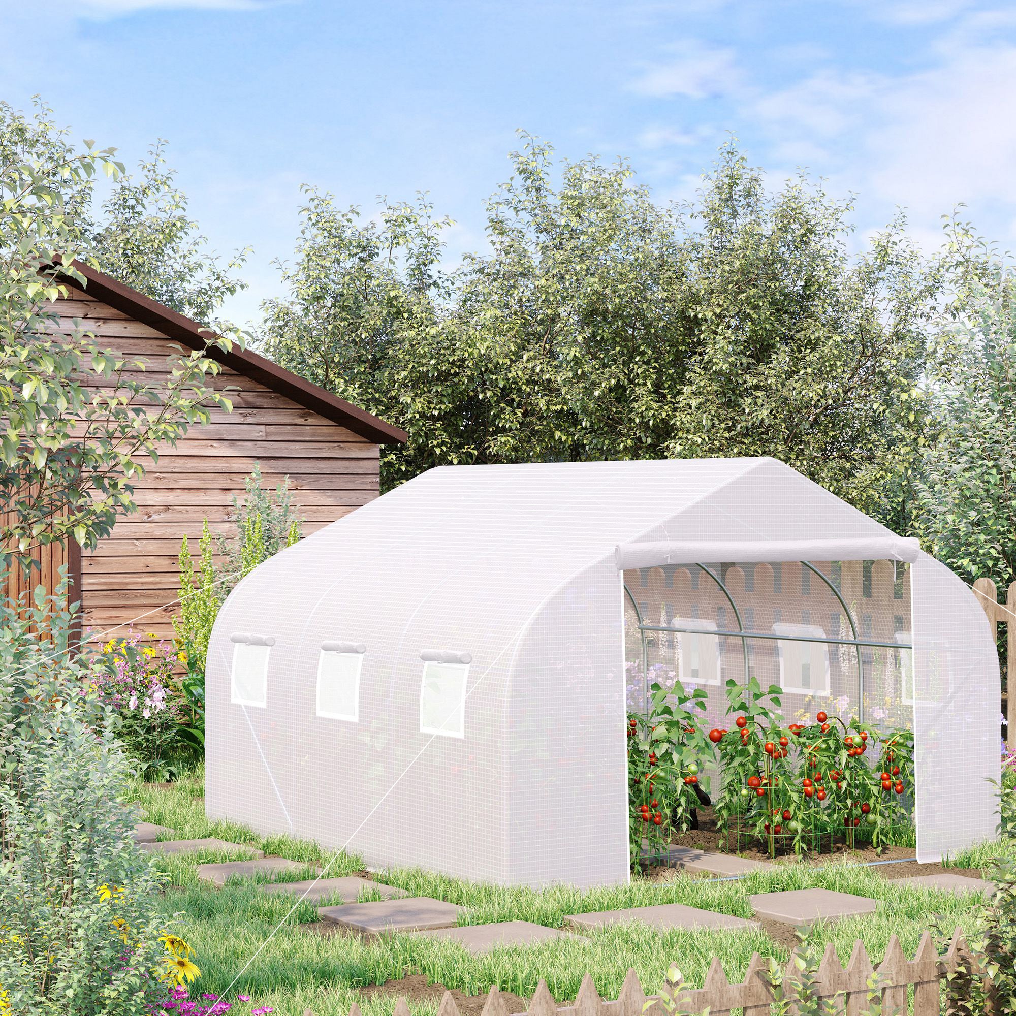 Kozy Walk-In Polytunnel Greenhouse Warm House Garden Tunnel Shelter Plant Shed with Door and Windows, Galvanised Steel Frame, 4.5 x 3 x 2m, White