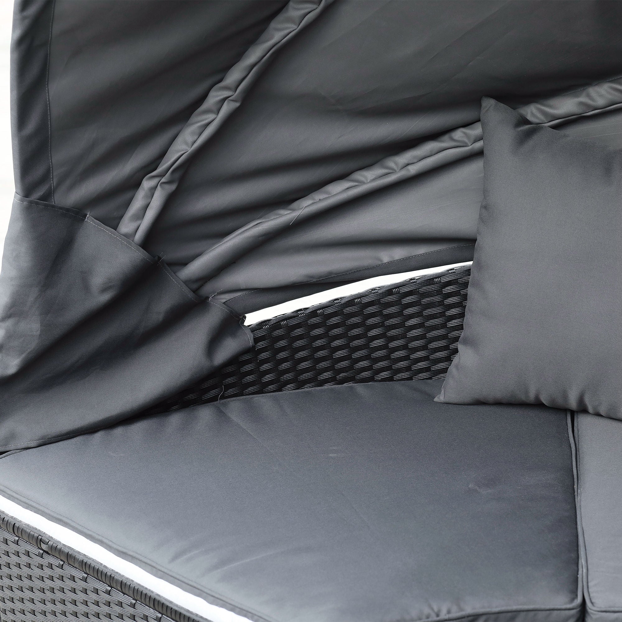 Kozy 4 Pieces PE Rattan Garden Daybed Set, Outdoor Wicker Cushioned Round Sofa Bed Conversation Furniture with Coffee Table & Canopy, Black