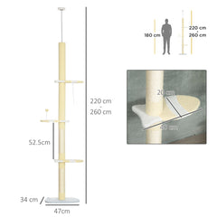 PawHut 260cm Cat Tower Cat Tree, Floor to Ceiling, Height Adjustable with Anti-slip Kit and Fish-shaped Scratching Post Ball, Yellow