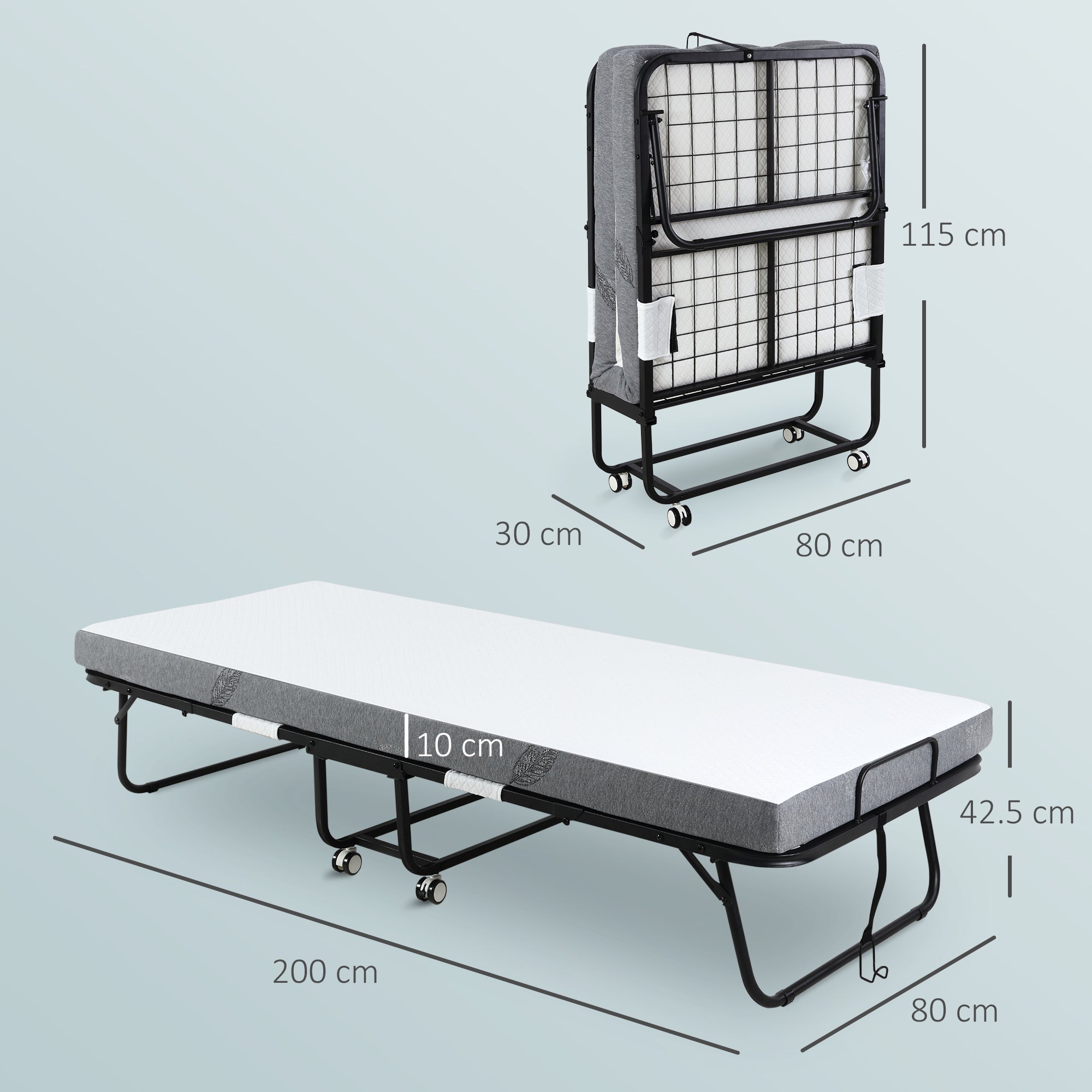 Kozy Folding Bed with 10cm Mattress, Portable Foldable Guest Bed with Sturdy Metal Frame on Wheels