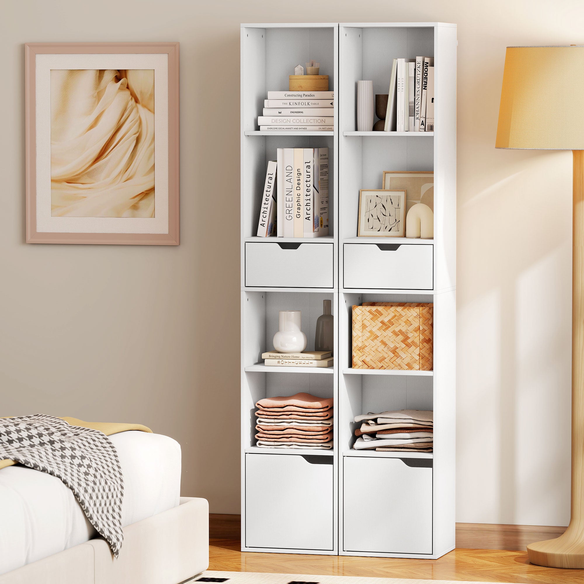 Kozy 6-Tier Bookcase, Tall Narrow Bookshelf with Drawer and Door - White