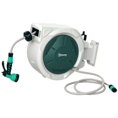 Kozy - Retractable Hose Reel Wall Mounted, 30+2m Garden Hose Pipe Reel with Lock, Auto Rewind, 7 in 1 Spray Nozzle, Includes Wall Fixings, 180° Swivel, Outdoor Watering, Grey