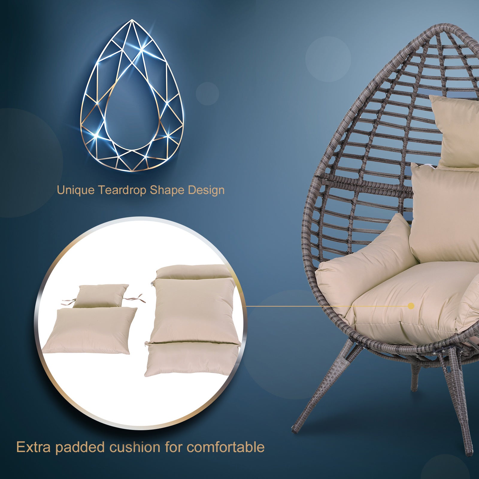 Kozy Garden Egg Chair, Teardrop Outdoor PE Rattan Chair with Full-body Soft Padded Cushion, Grey