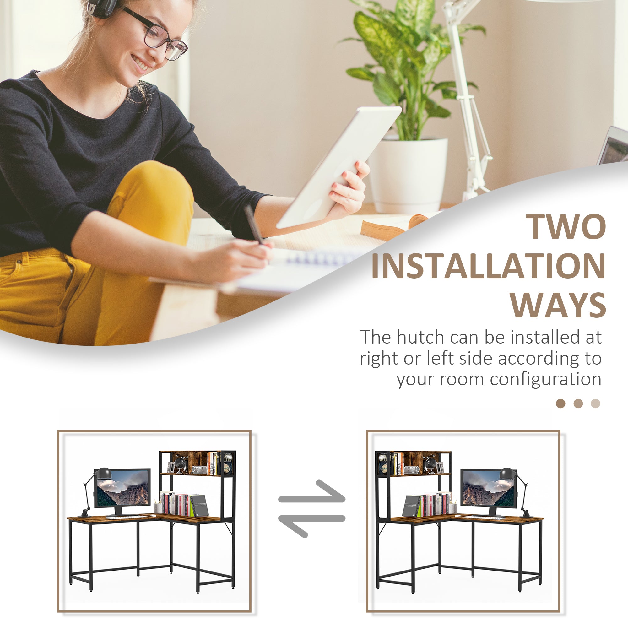 Kozy L Shaped Desk with Book Shelf, Industrial Corner Computer Desk, Writing Table with Steel Frame for Home Office, Bedroom, Study Room, 140 x 125cm, Brown