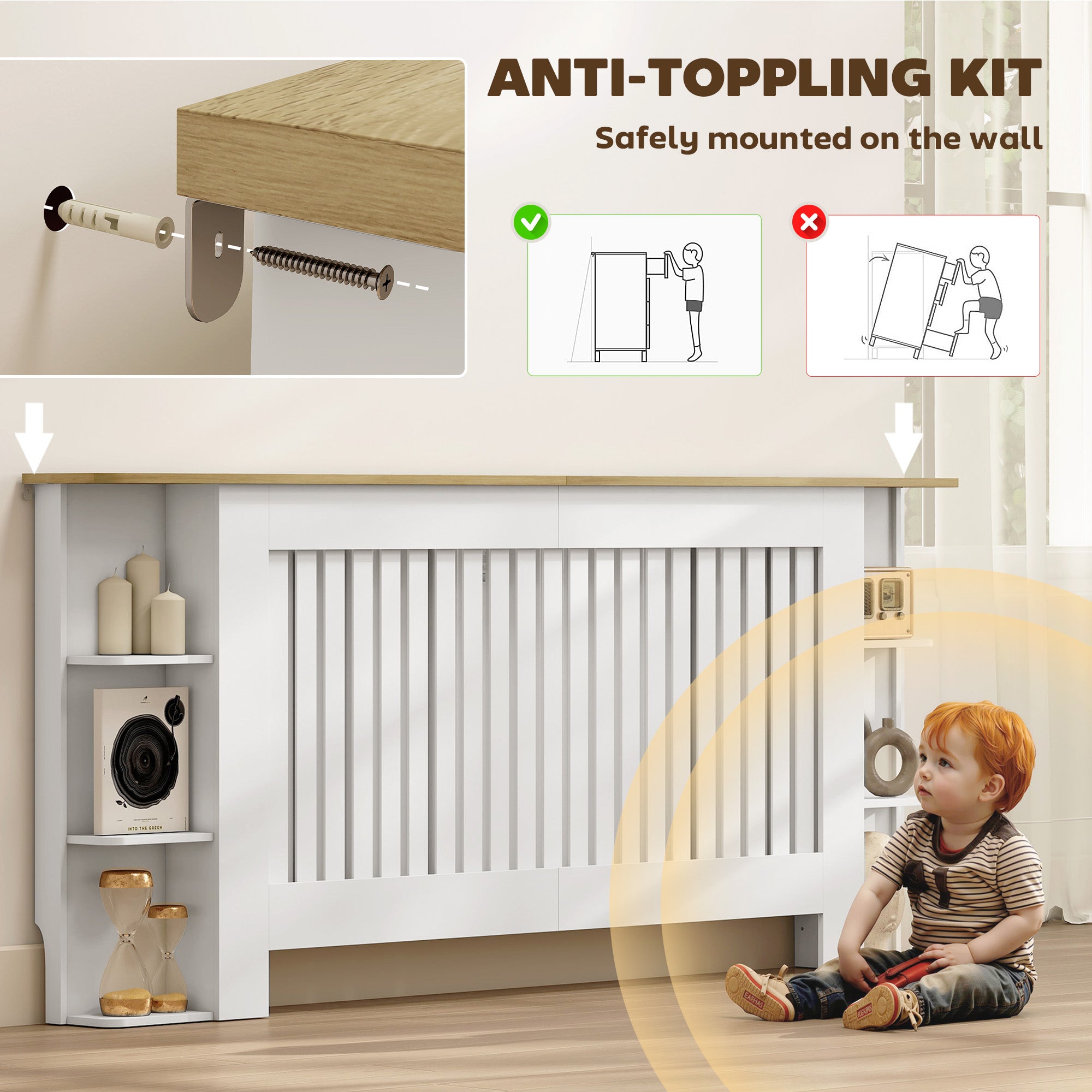 Kozy Radiator Cover with Open Storage Shelves, Vertical Slatted Cabinet Shelf Heater Cover for Living Room, Hallway, Extra Large, White (H: 83 / W: 191 / D: 19 cm)