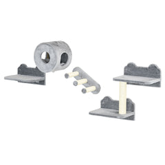 PawHut 4PCs Wall Mounted Cat Tree Cat Wall Furniture with Platforms, Steps, Scratching Post, Perch, Cat Condo for Indoor Cat - Grey