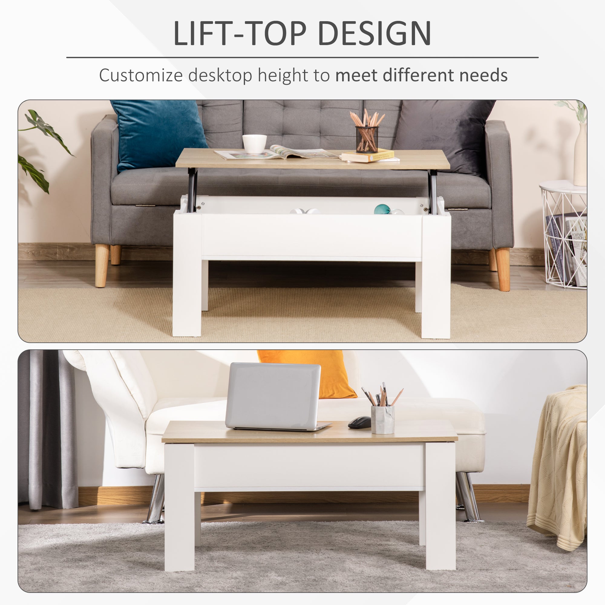 Kozy Lift Top Coffee Table with Hidden Storage Compartment, Lift Tabletop Pop-Up Center Table for Living Room