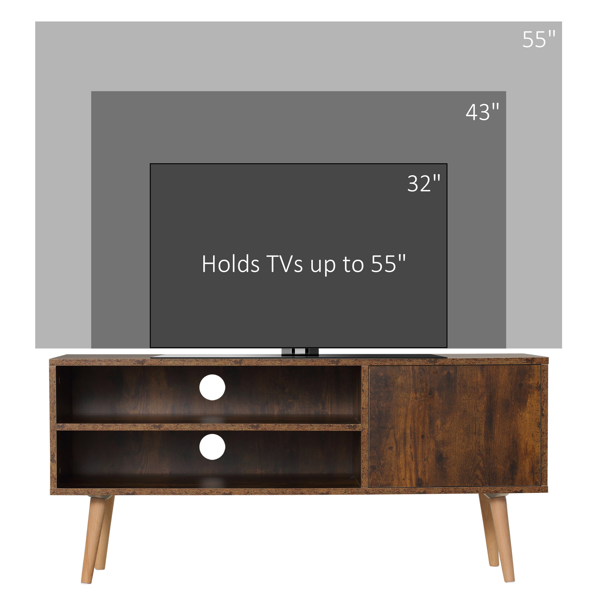 Kozy TV Stand Cabinet up to 55 Inches, TV Unit with Single Door and Open Shelves, Cable Holes for Living Room, Bedroom, Brown