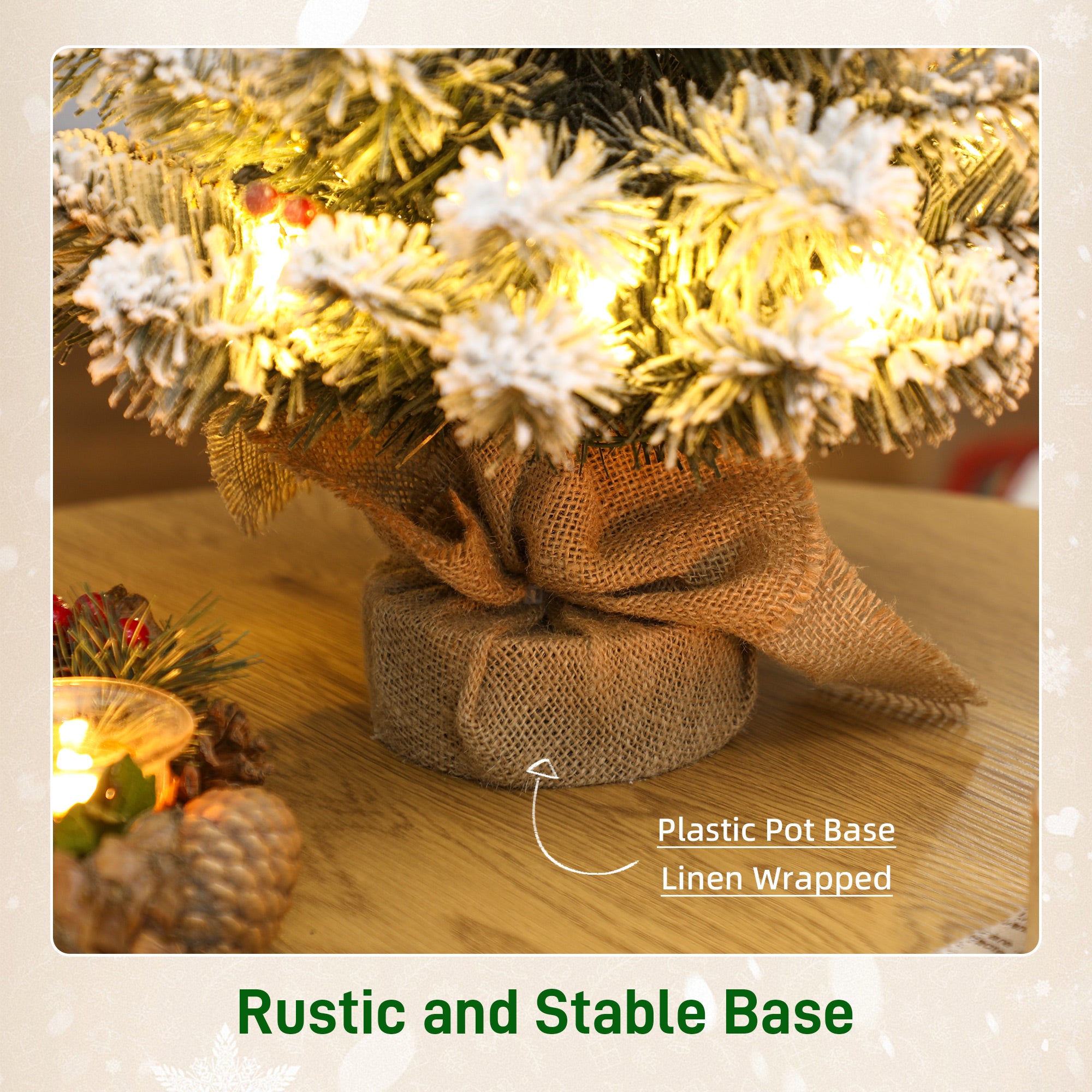 Kozy - 60 cm Prelit Small Christmas Tree with 35 LED Lights, Snow Flocked Tabletop Mini Xmas Tree with 72 Dense Branches, Pine Cones, Berry Clusters and Linen Cover Base, Battery Operated, Green