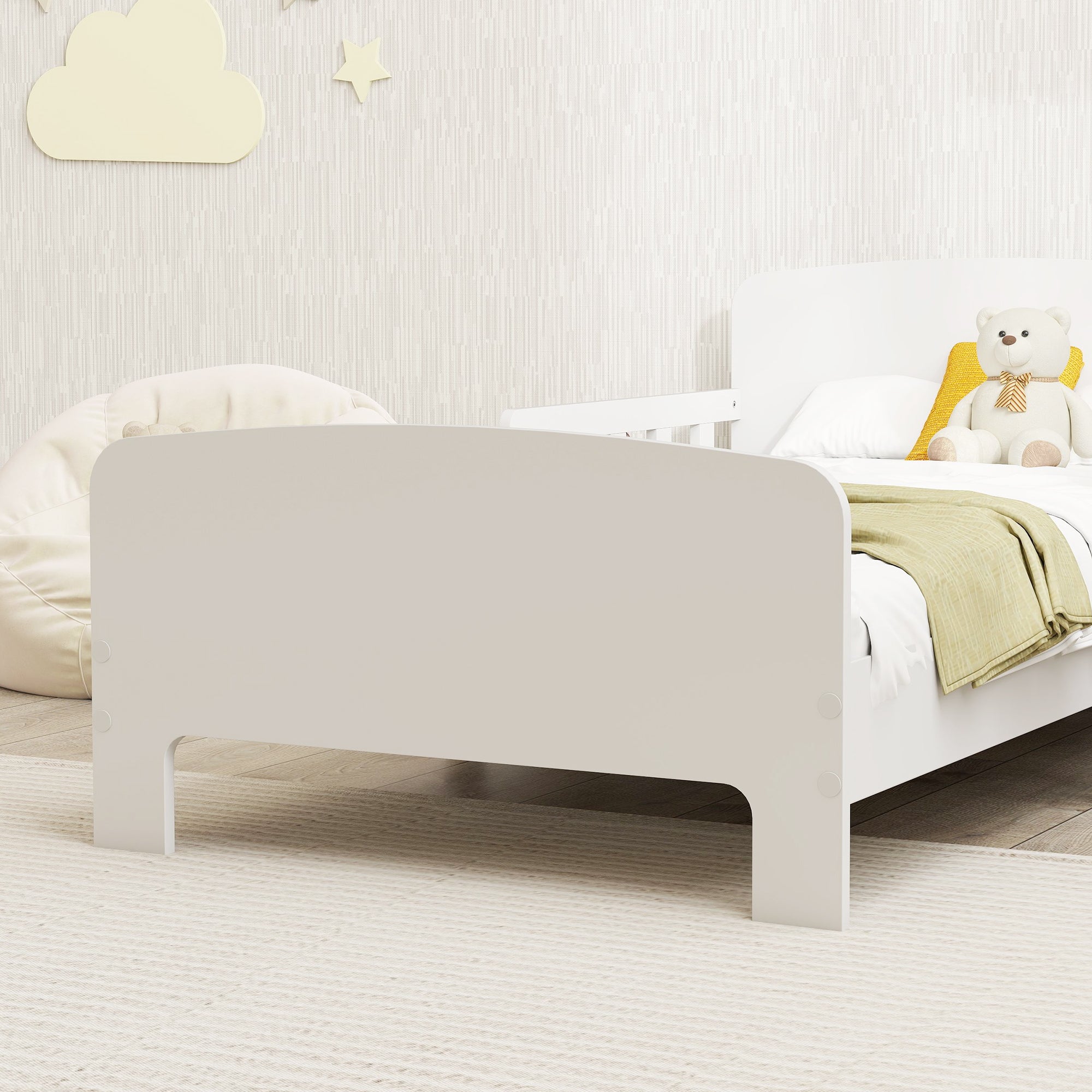 Kozy Toddler Bed, Kids Bed Frame with Safety Side Rails, Kids Bedroom Furniture for Ages 3-8 Years, White