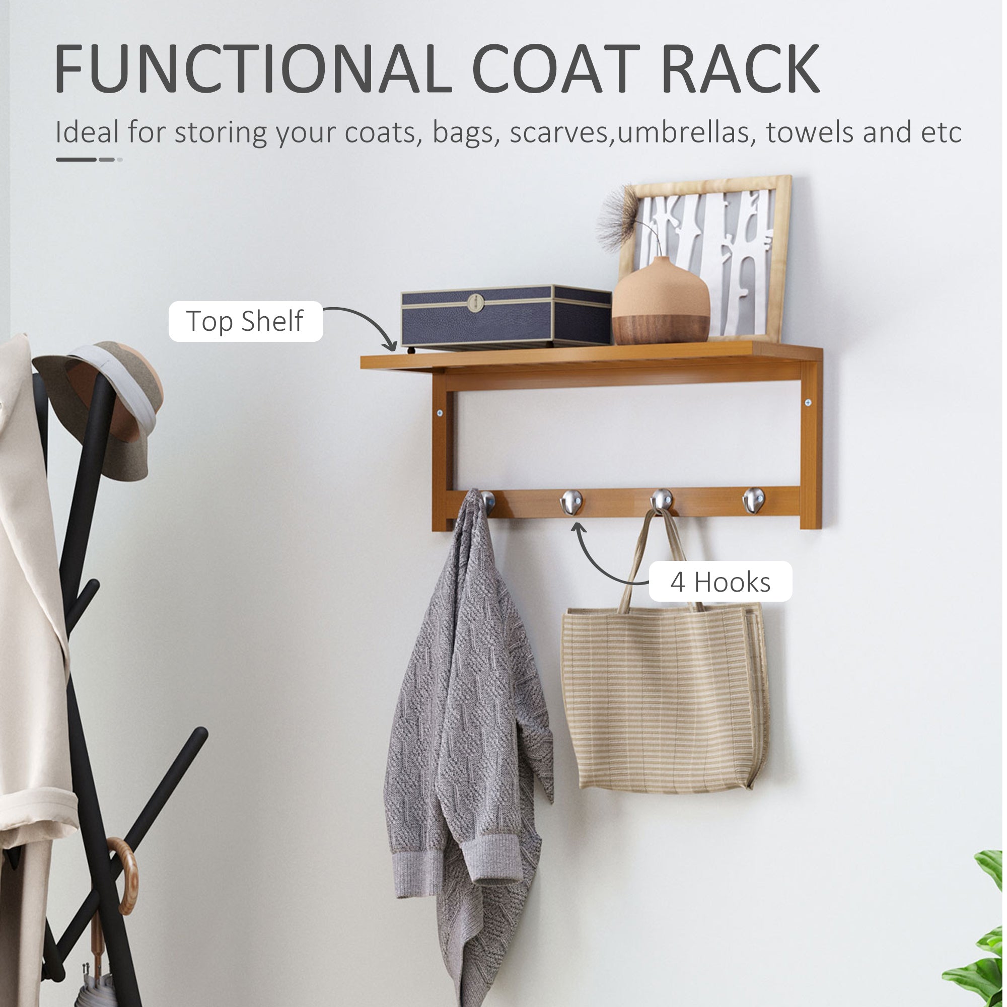 HOMCOM Wall Mounted Coat Rack with 4 Hooks, Rail & Storage Shelf, for Hallway, Entryway, Bedroom, Bathroom