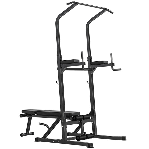 Pull Up Station with Adjustable Weight Bench, Dip Station and Barbell Rack, Multi-Function Power Tower Free Standing Pull Up Bar for Home Gym