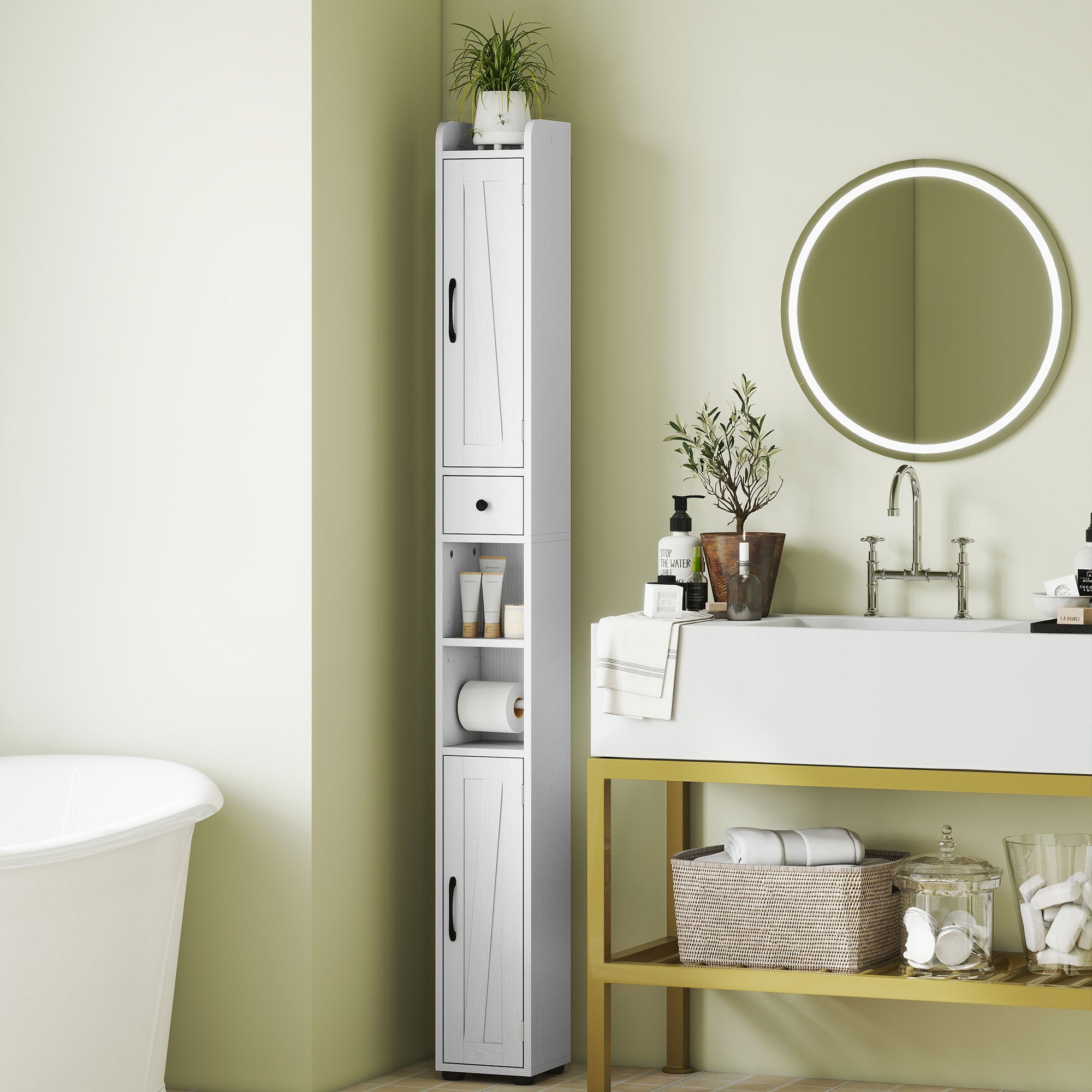 Kozy - Tall Bathroom Cabinet, Farmhouse Slim Bathroom Storage Cabinet with Barn Doors, Toilet Paper Roll Holder, Drawer and Adjustable Shelves, Narrow Bathroom Storage Unit, 20 x 20 x 185cm, White