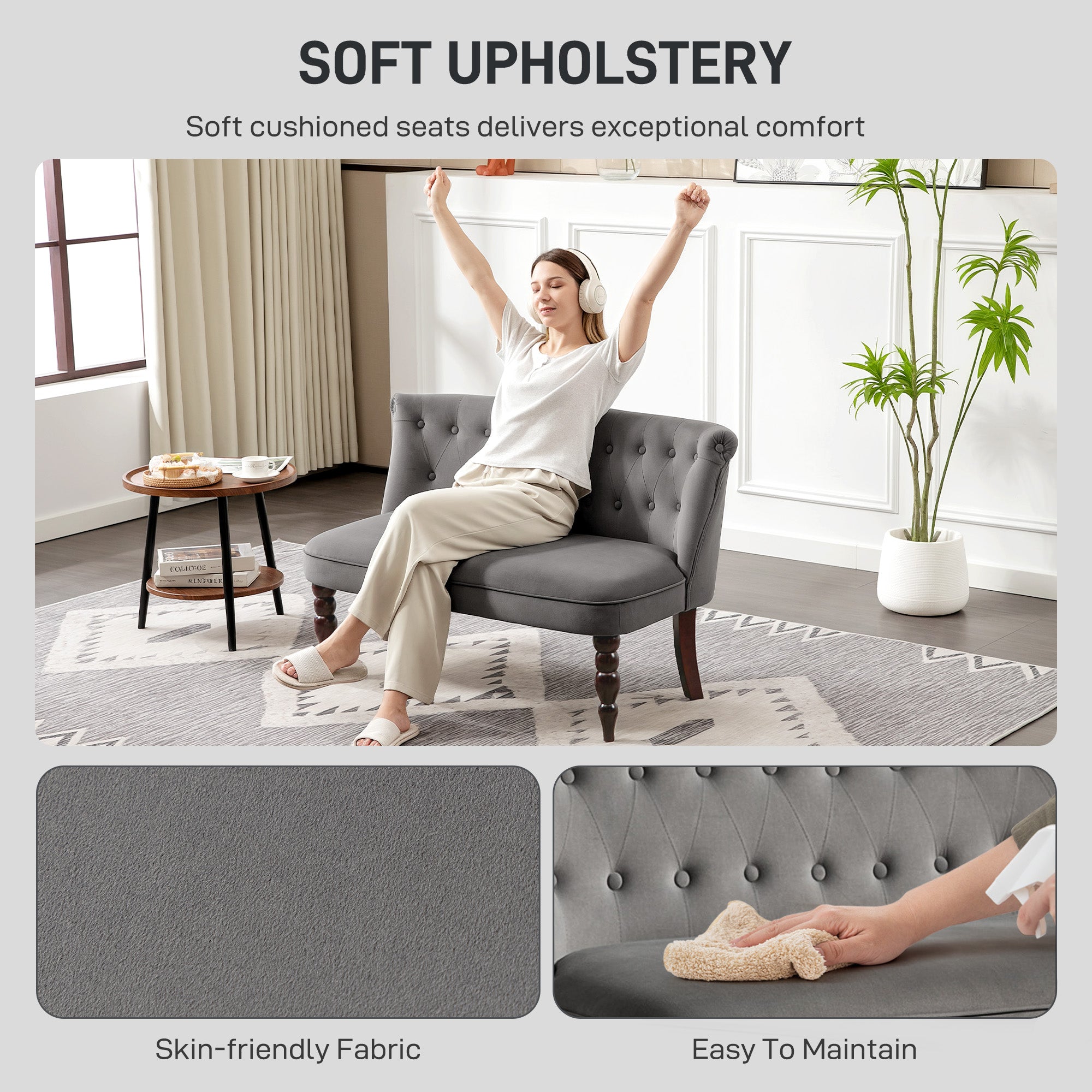 Kozy - Velvet 2 Seater Sofa, Button Tufted Wingback Loveseat with Rubber Wood Legs for Living Room, Bedroom, Charcoal Grey