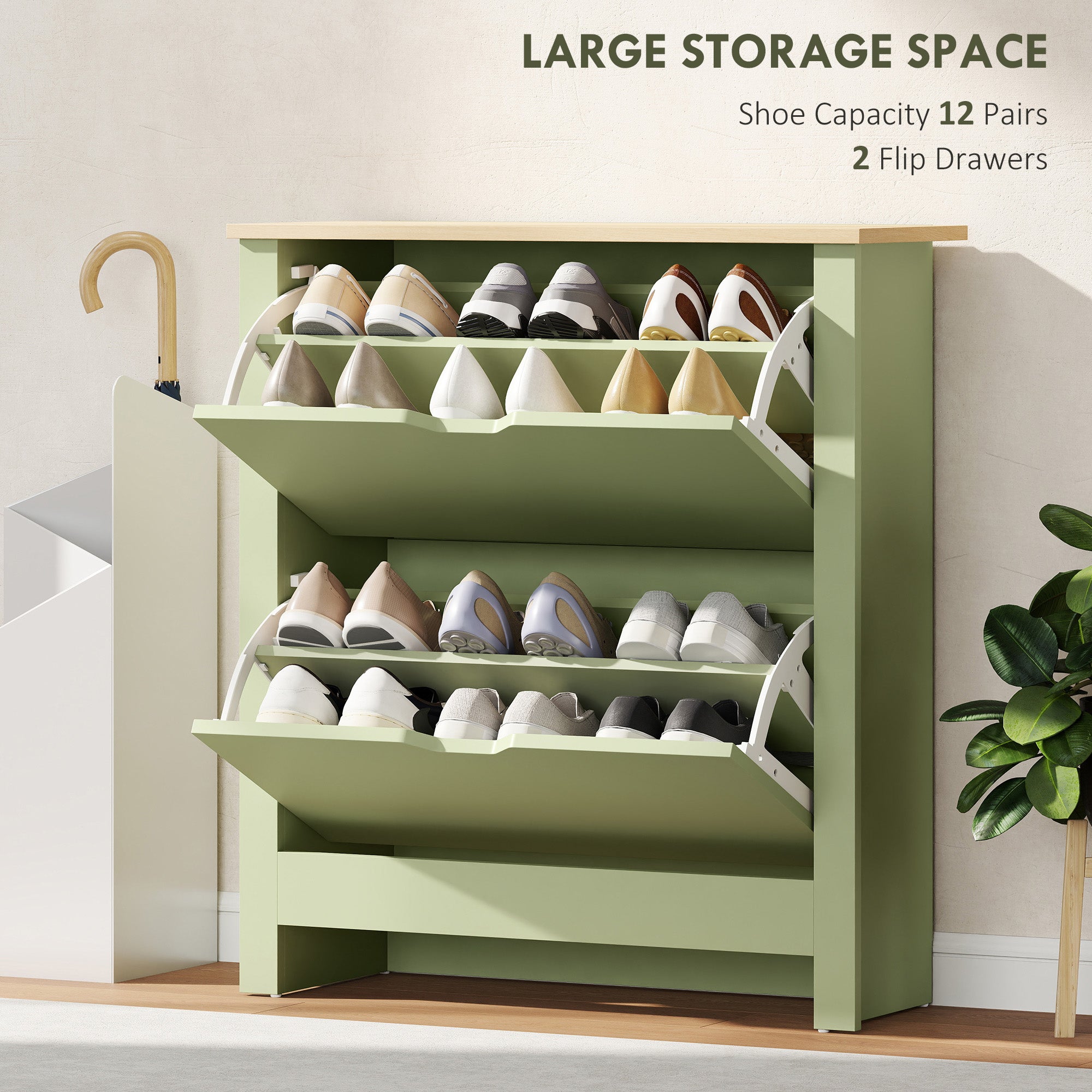 Kozy - Slim Shoe Cabinet, Narrow Shoe Cupboard with 2 Flip Drawers, Adjustable Shelves for 12 Pairs of Shoes, Green