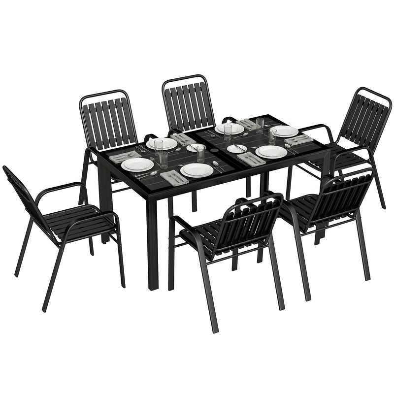 7 Pieces Outdoor Dining Set with Umbrella Hole, Garden Table and Chairs Set for 6 with Table and Stackable Chairs