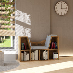 Kozy Bookcase Storage Shelf with Cushioned Reading Seat, Cube Bookshelf Organizer for Bedroom Living Room, Rustic Brown