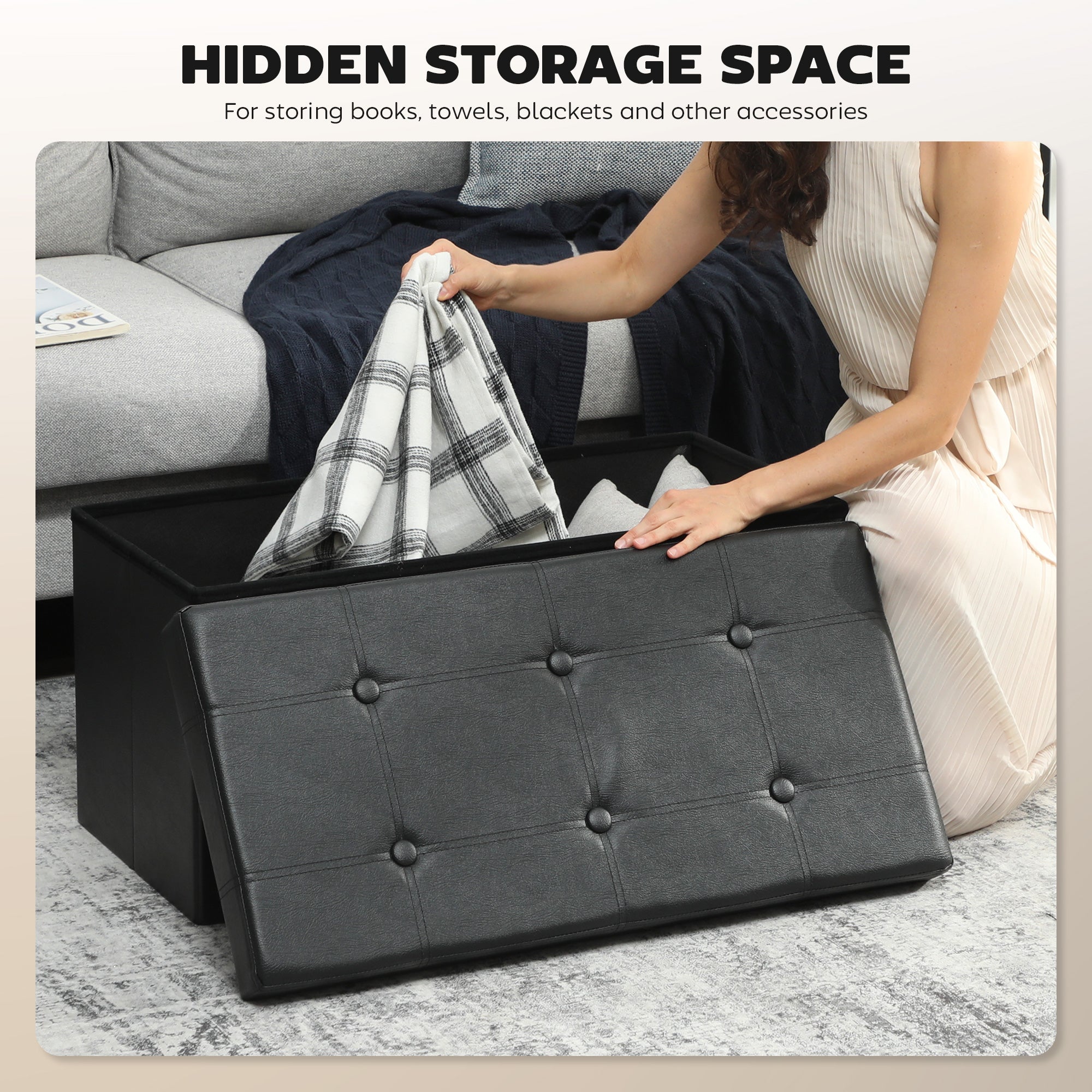 Kozy Storage Ottoman Bench, 89L PU Leather Folding Foot Rest Stool, End of Bed Bench, Easy Assembly, for Living Room, Bedroom, Entryway, Grey