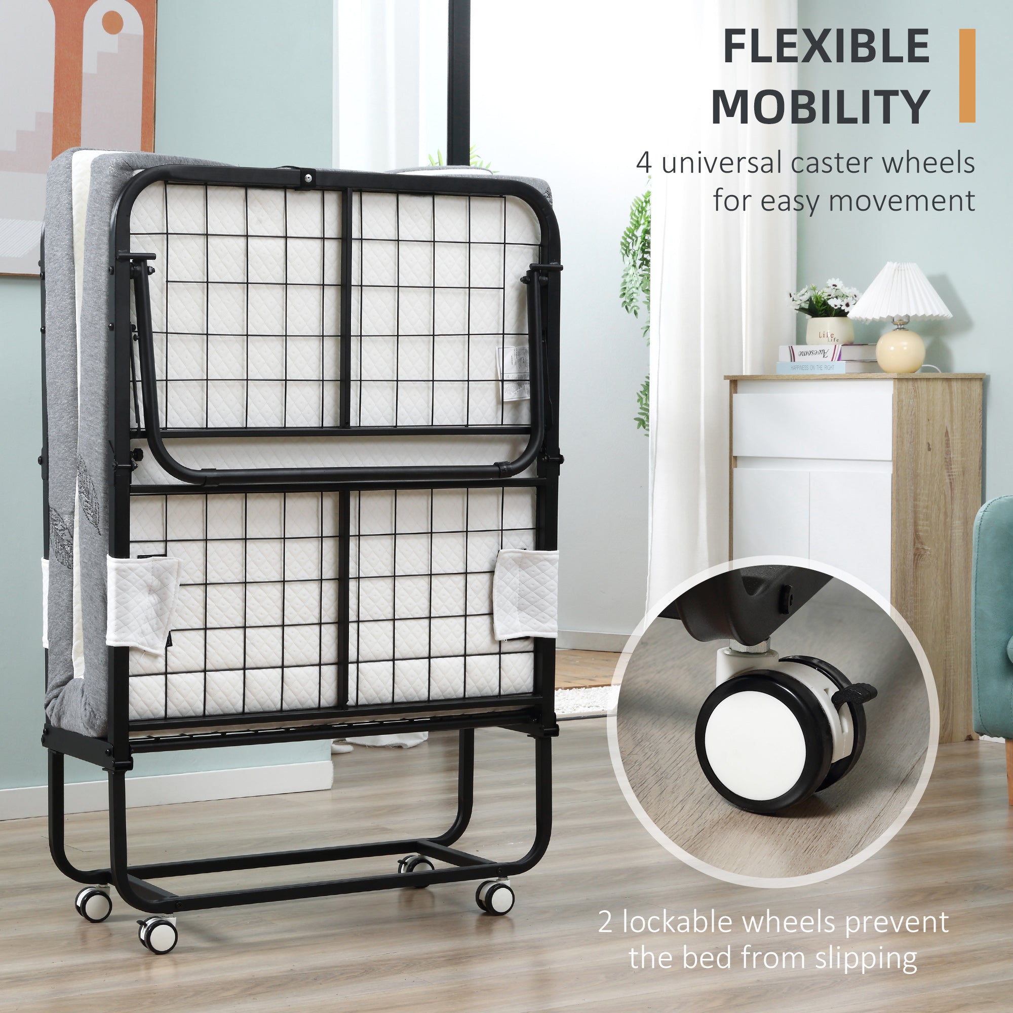 Kozy Folding Bed with 10cm Mattress, Portable Foldable Guest Bed with Sturdy Metal Frame on Wheels