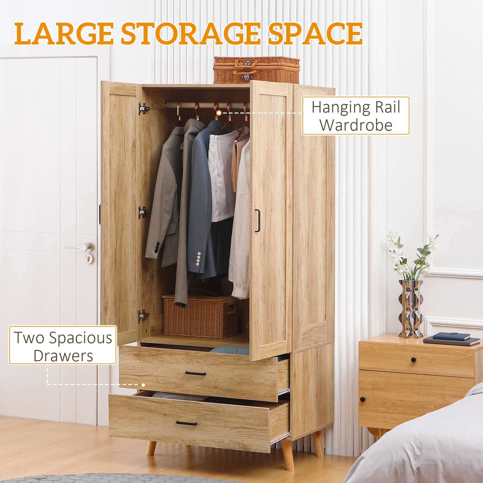2 Door Wardrobe, Modern Wardrobe with 2 Drawer and Hanging Rail for Bedroom, Natural
