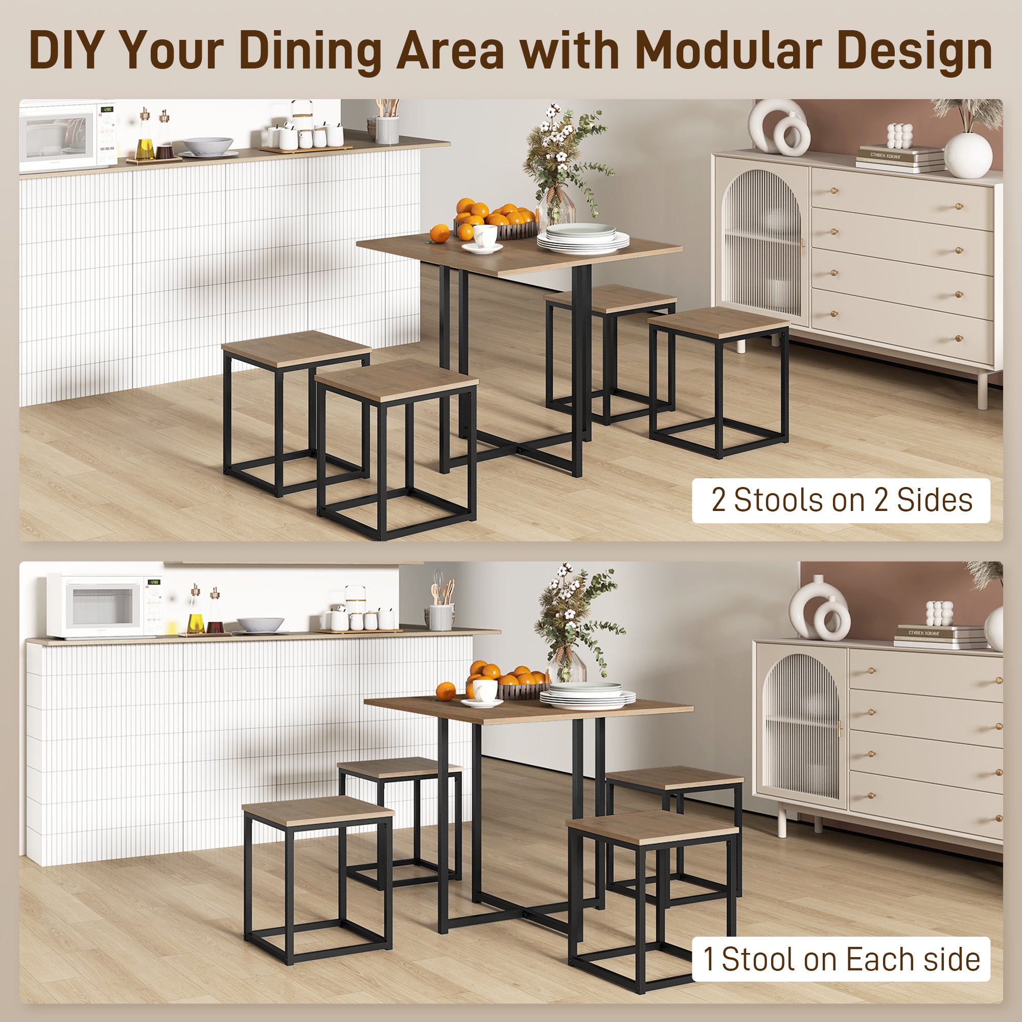 Kozy 5 Piece Dining Table and Chairs Set 4, Industrial Space Saving Table and Chairs with Metal Frame, Square Kitchen Table and Stools for Dining Room, Brown