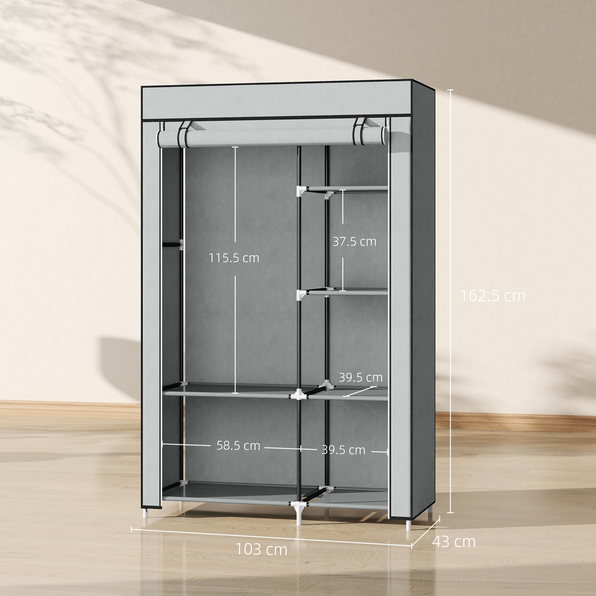 Kozy Fabric Wardrobe, Portable Wardrobe with 6 Shelves, 1 Hanging Rail, Foldable Closets, 103 x 43 x 162.5 cm, Light Grey