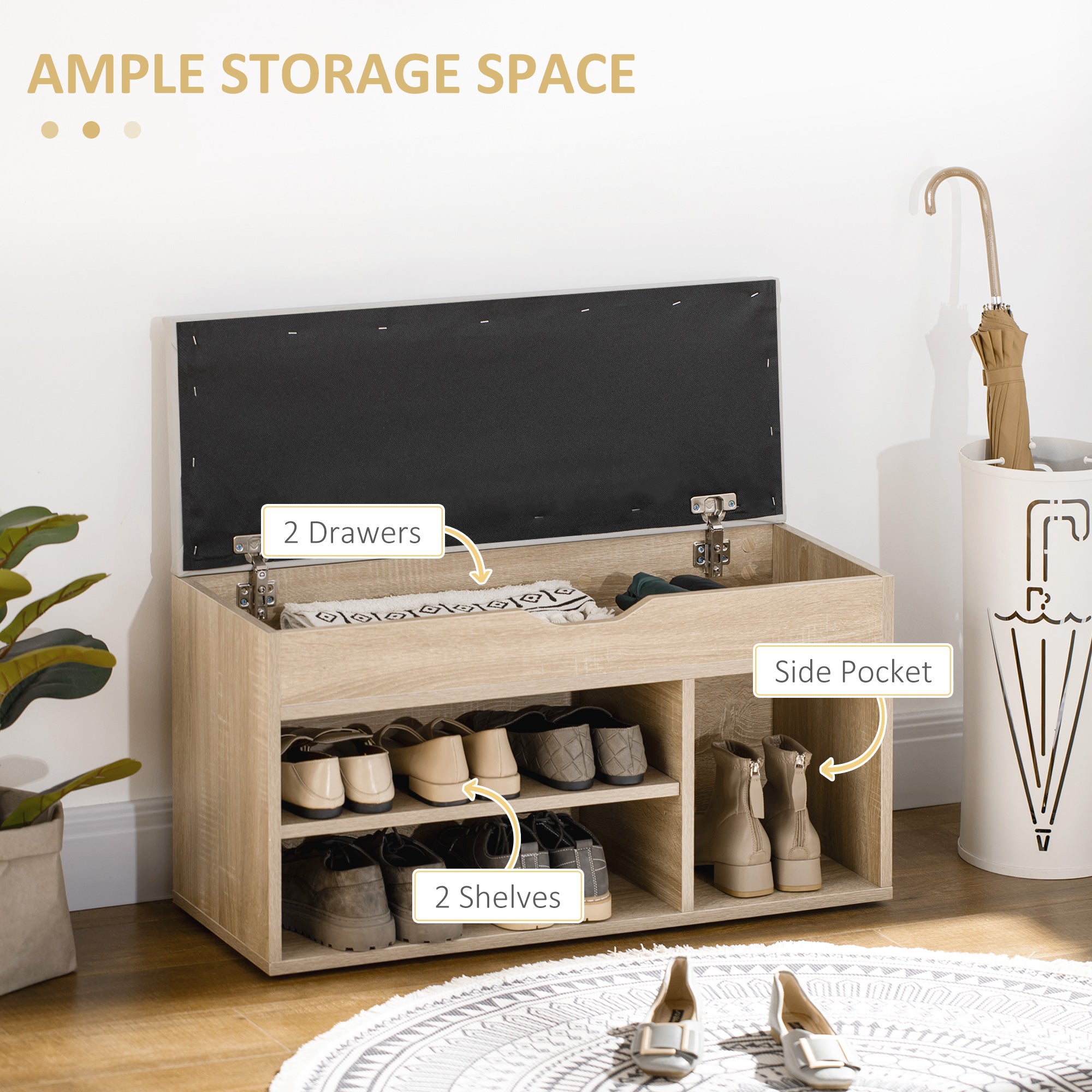 Kozy Shoes Cabinet Bench Hidden Storage Padded Seat Organiser Footwear Rack Hallway Oak Tone