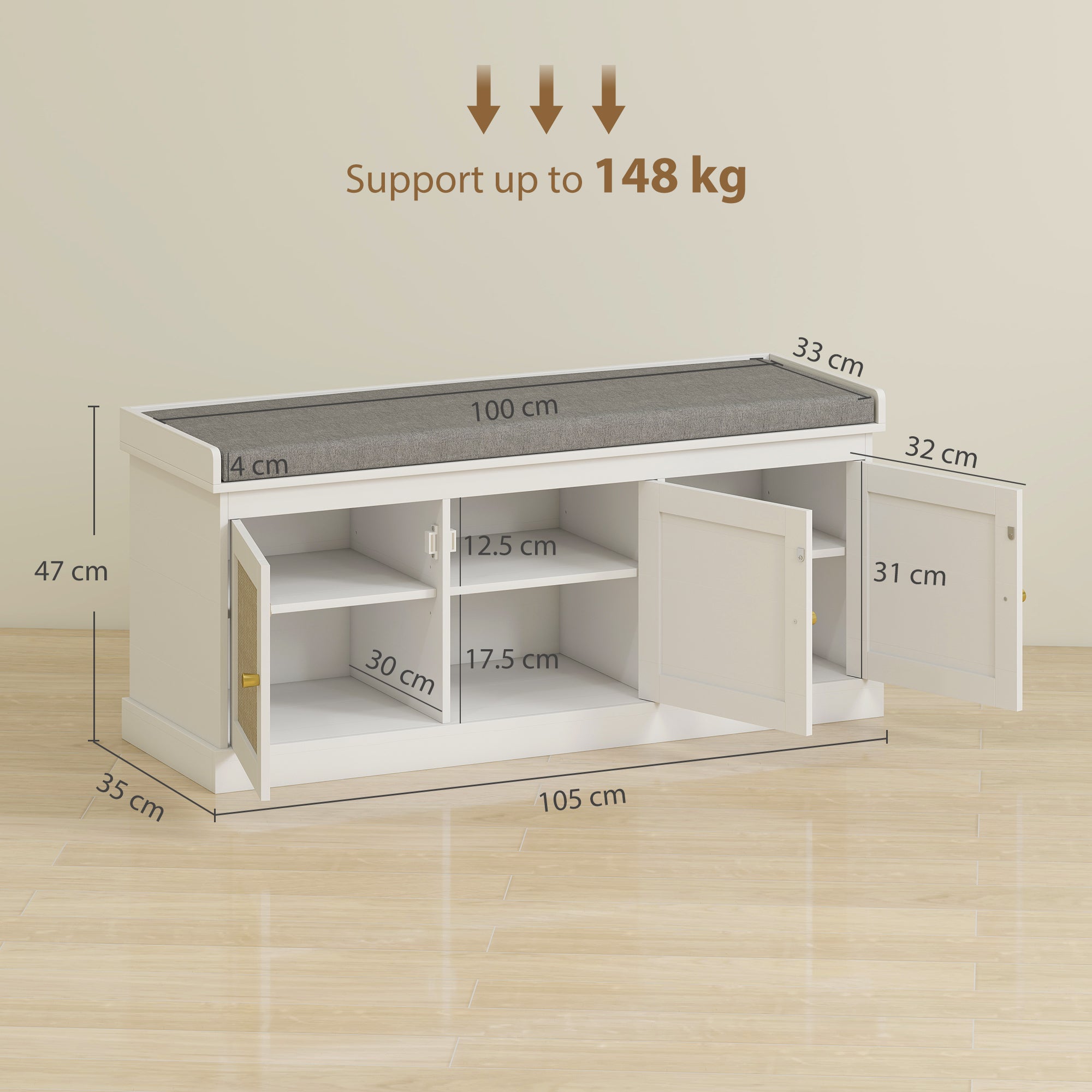 Kozy - Shoe Storage Bench with Woven Rattan Doors, Seat - White