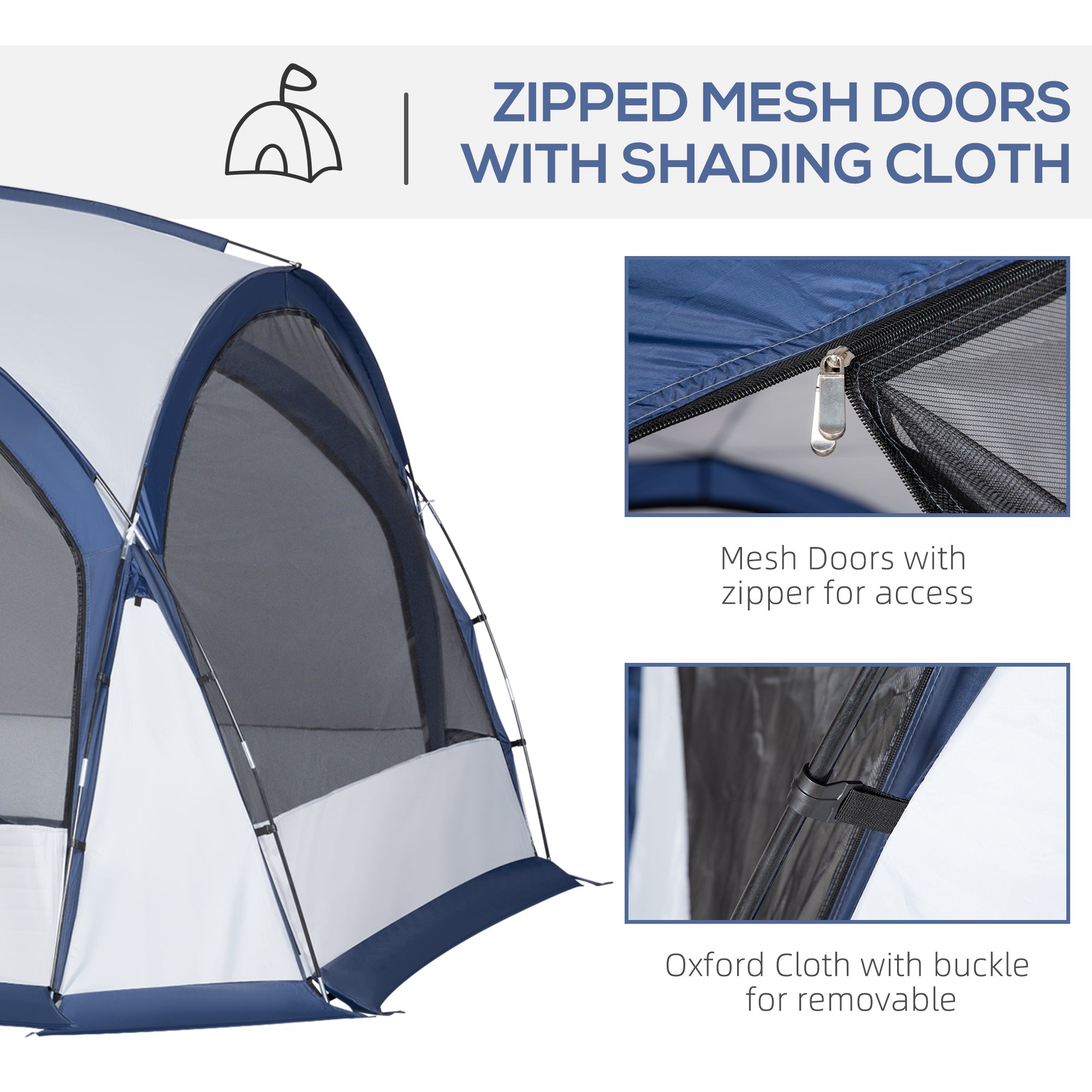 Kozy Dome Tent for 6-8 Person, Camping Tent with 4 Zipped Mesh Doors, Removable Oxford Cloth, Lamp Hook, Portable Carry Bag, White and Blue
