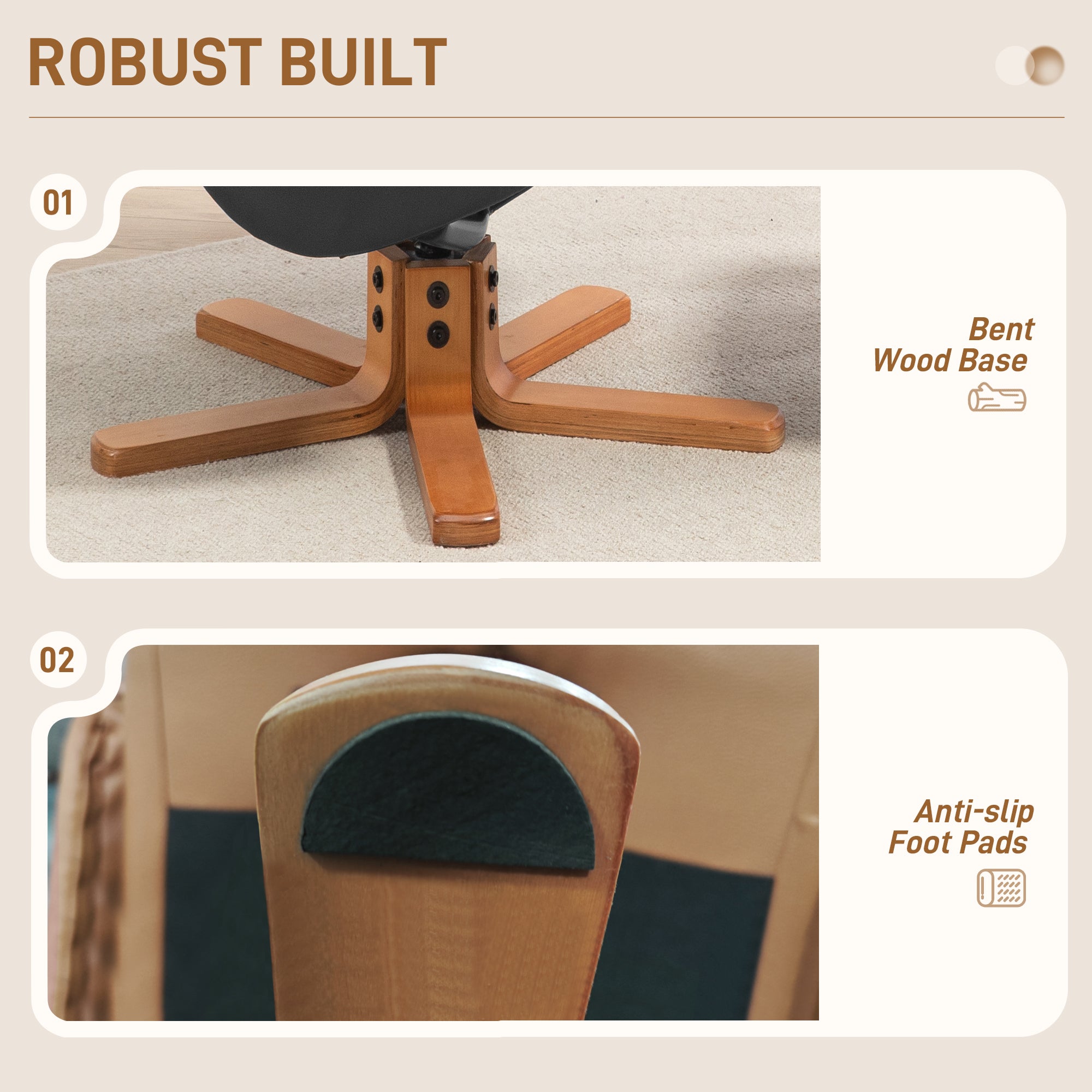 Kozy - Rocking Recliner Chair with Footstool, PU Leather Recliner Armchair with Wood Base, Upholstered Reclining Chair for Living Room Bedroom, Black