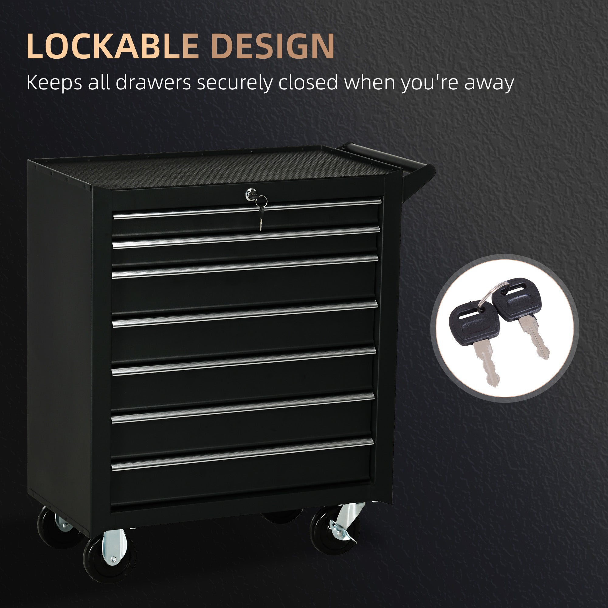DURHAND Roller Tool Cabinet Storage Chest Box 7 Drawers Roll Wheels Garage Workshop Matte Black | Aosom UK