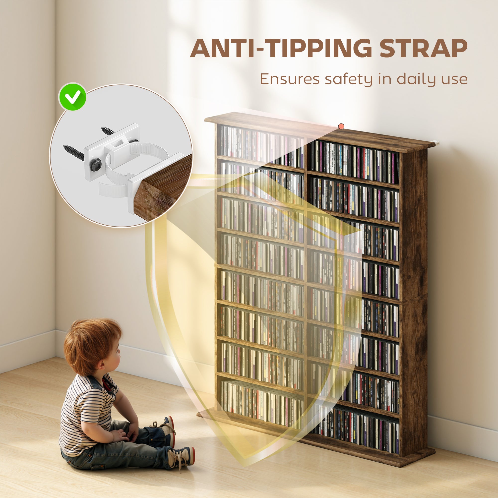 Kozy 16-Compartment Media Shelf - Rustic Brown