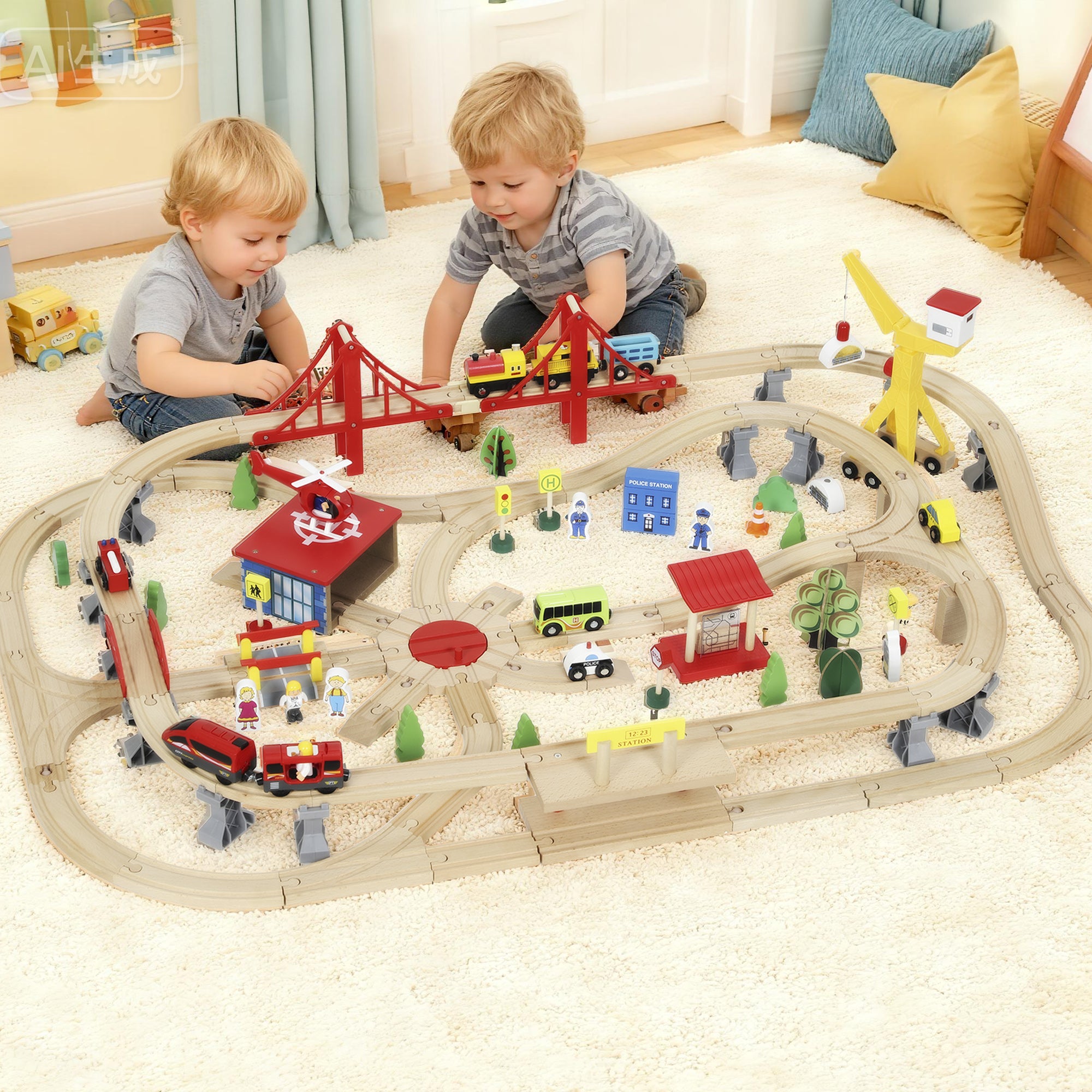 Kozy 133-Piece Wooden Train Set, Toy Train with Crane, Storage Box, for Kids Ages 3+