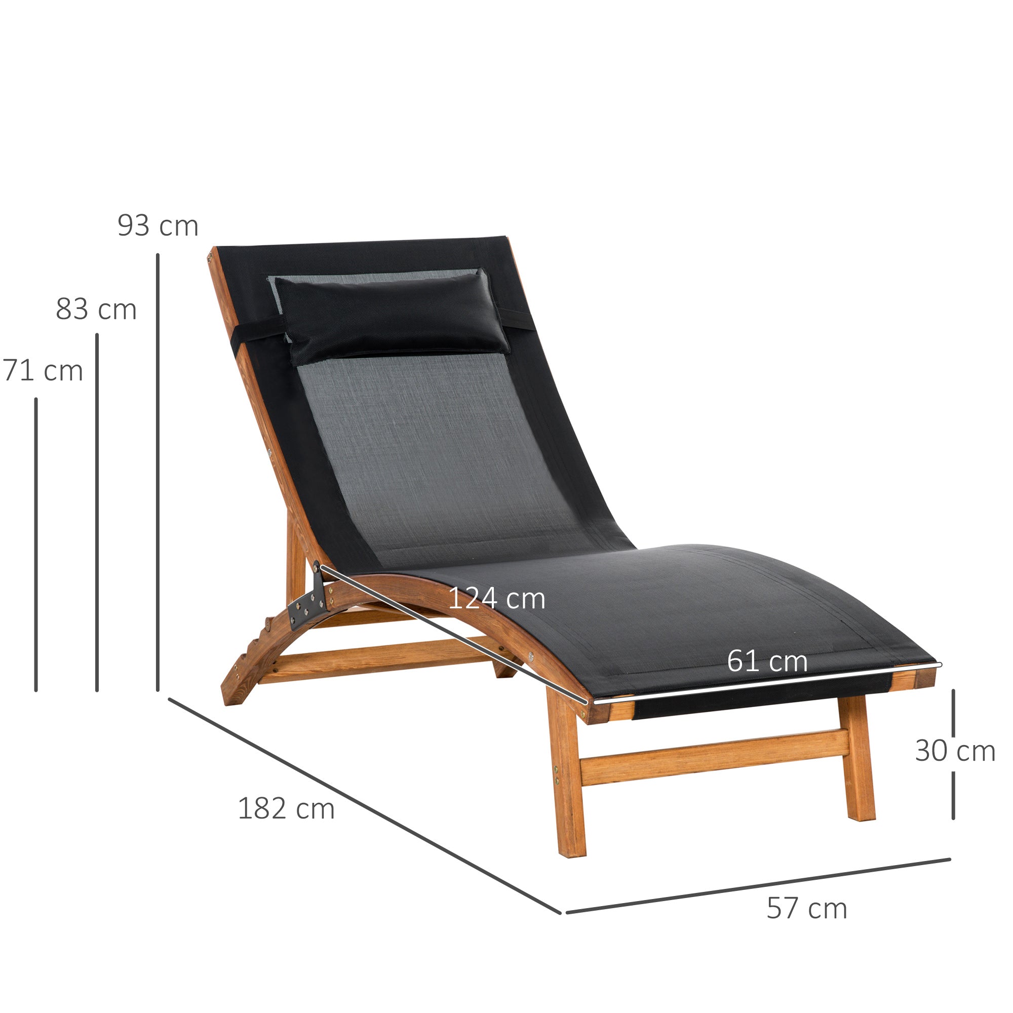 Kozy Ergonomic Patio Lounge Chair Wooden Outdoor Chaise w/ 3 Adjustable Back and Removable Headrest Pillow for Garden Black