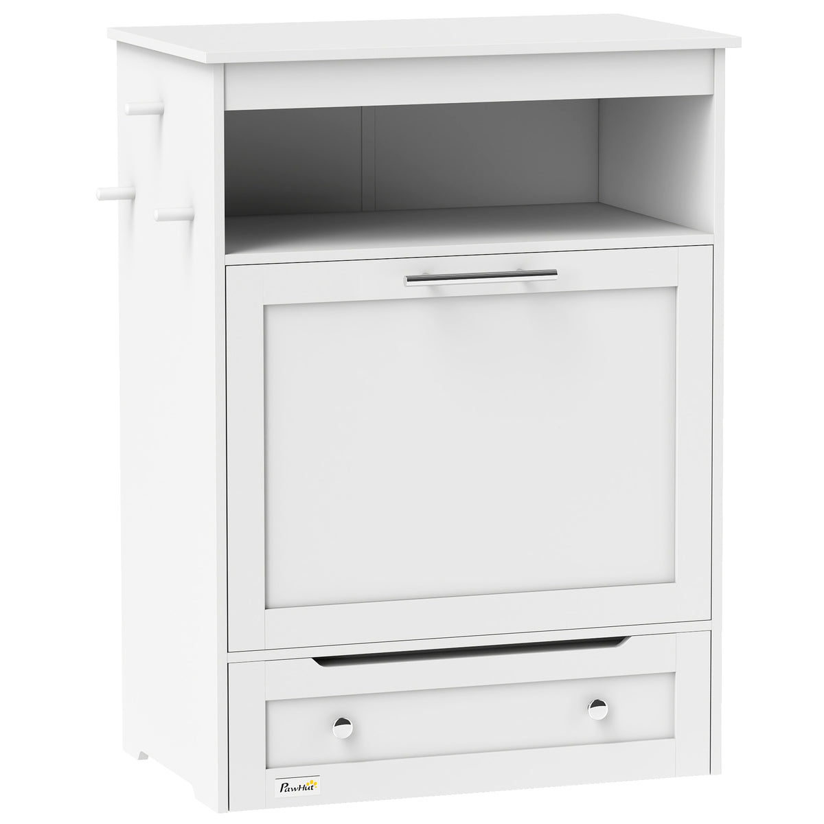 Kozy Pet Feeder Station, Dog, Cat Storage Container, with Raised Bowls, Hanger, Cabinet - White