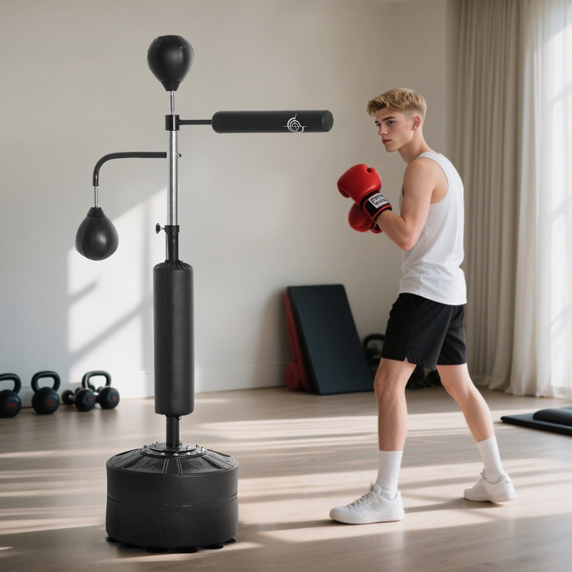 Kozy 4-in-1 Boxing Punching Bag, Freestanding with 2 Speed Bals, 360° Reflex Bar, 160-230cm Adjustable Height, Black