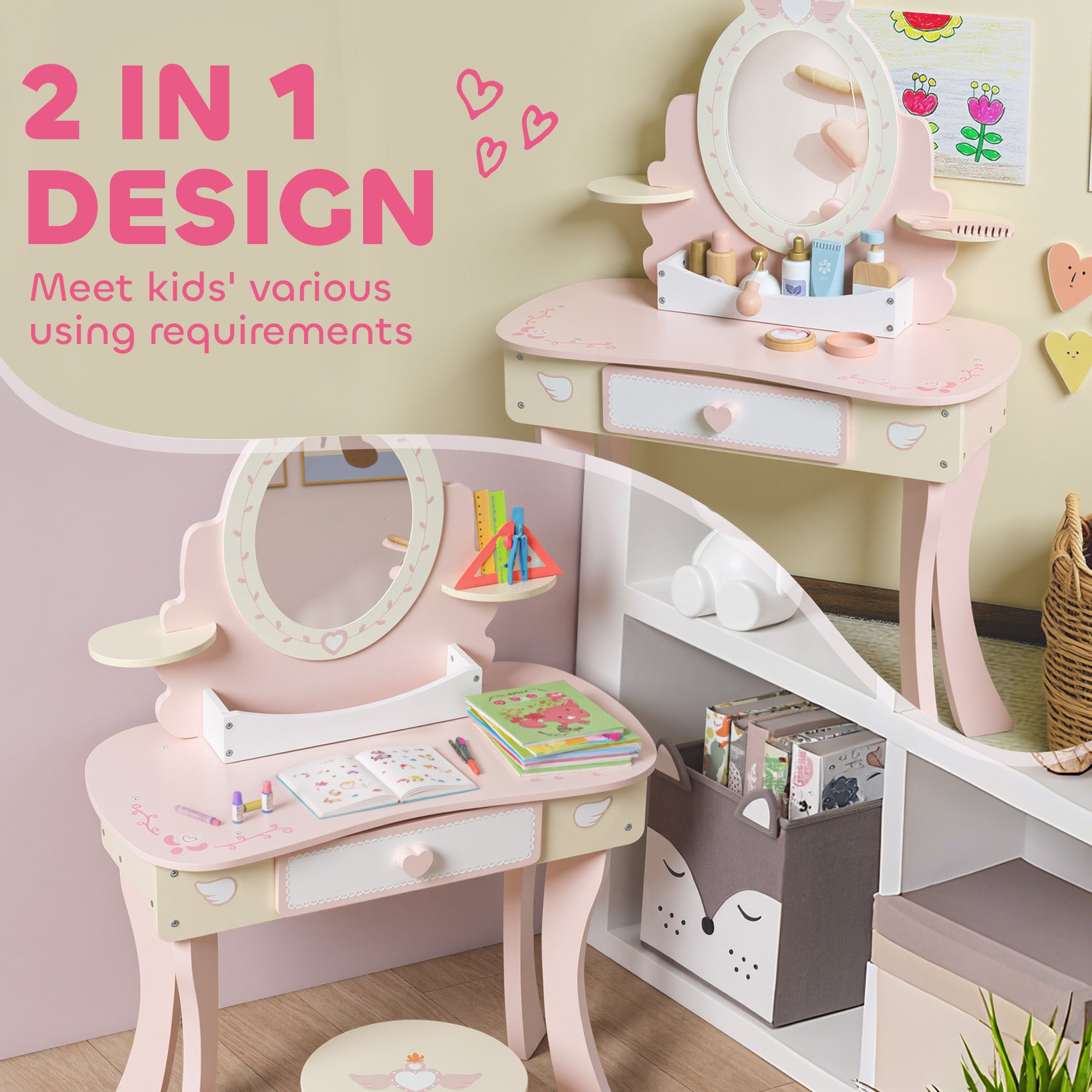 Kozy Kids Dressing Table, Girls Vanity Set with Mirror and Stool, 7 Play Accessories, Drawer, Desktop Storage, Pink