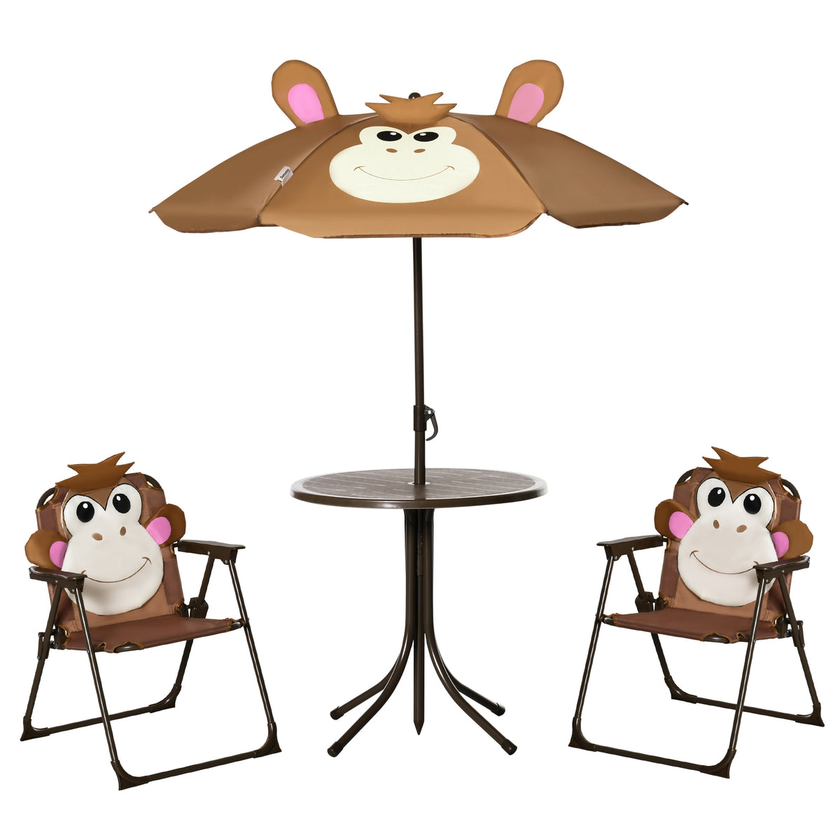 Kozy Kids Bistro Table and Chair Set, Outdoor Folding Garden Furniture w/Monkey Design, Removable, Adjustable Sun Umbrella, Ages 3-6 Years - Brown