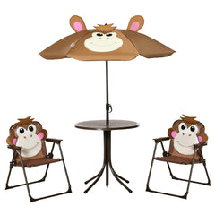 Kozy Kids Bistro Table and Chair Set, Outdoor Folding Garden Furniture w/Monkey Design, Removable, Adjustable Sun Umbrella, Ages 3-6 Years - Brown