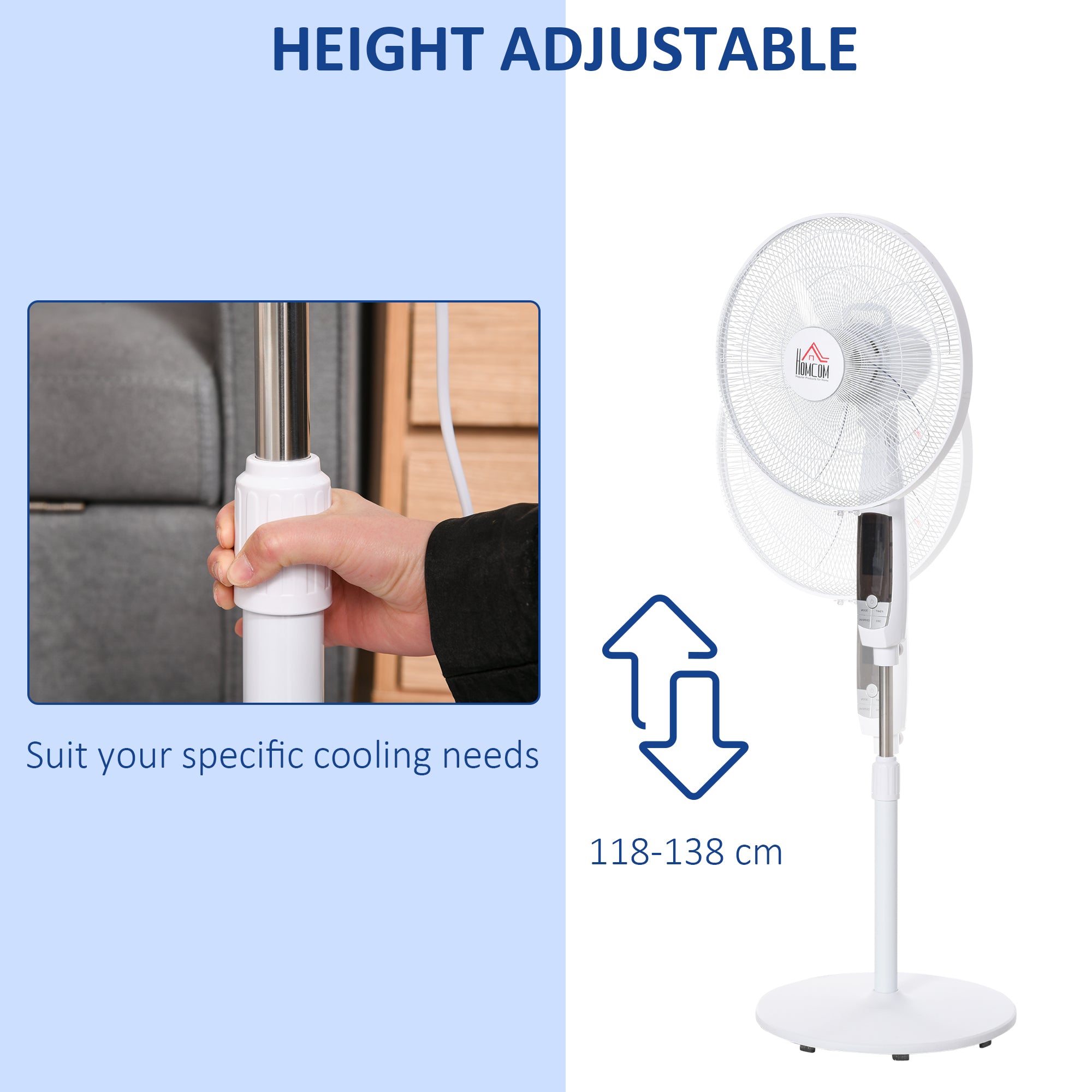 Kozy 16'' Pedestal Stand Fan, 3 Speed 3 Mode, 85° Oscillation, LED Panel, 3M Remote Controller, Height Adjustable for Living Room, Bedroom, Garage, Office, Black and White