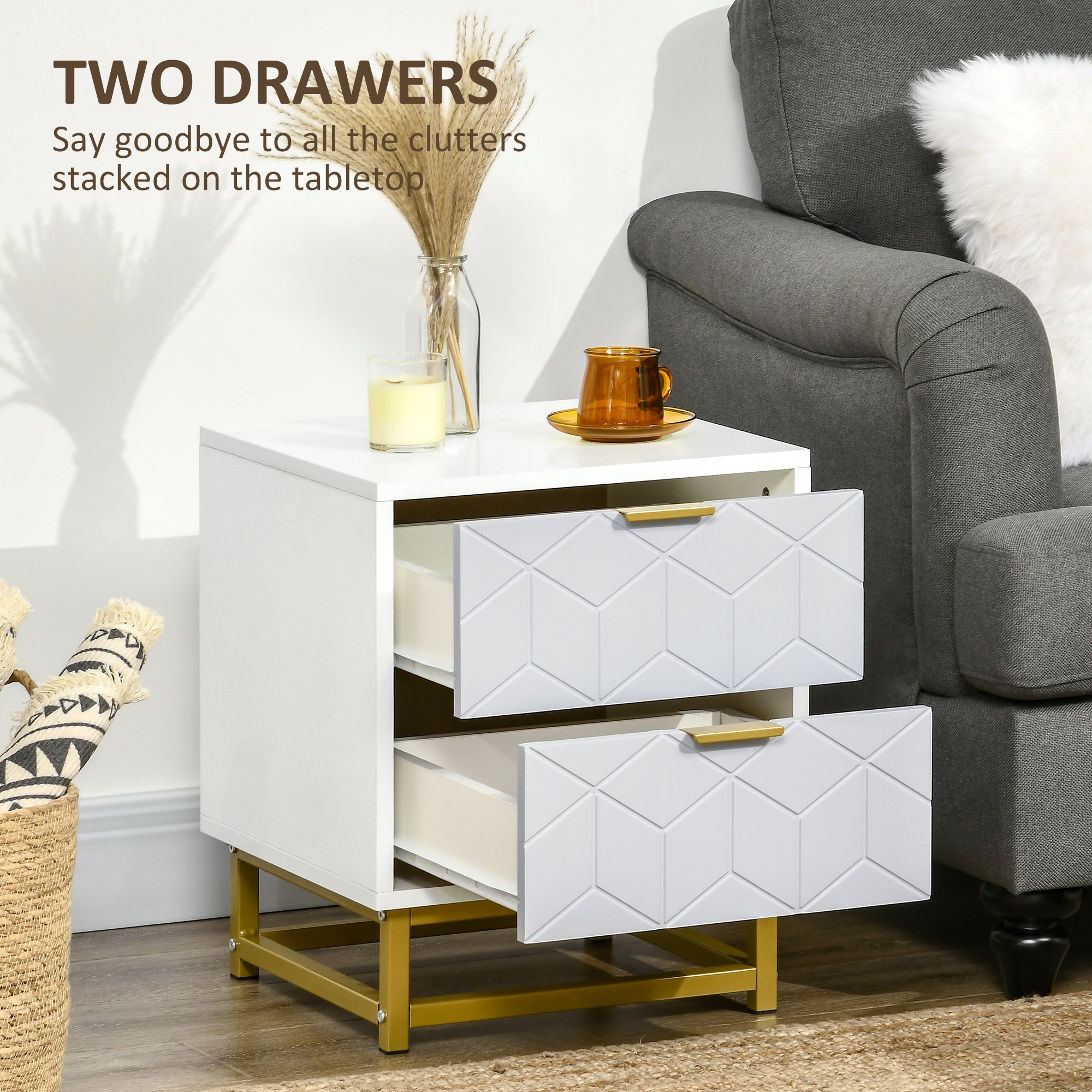 Kozy Bedside Table with 2 Drawers, Side Table, Bedside Cabinet with Steel Frame for Living Room, Bedroom, Grey and White