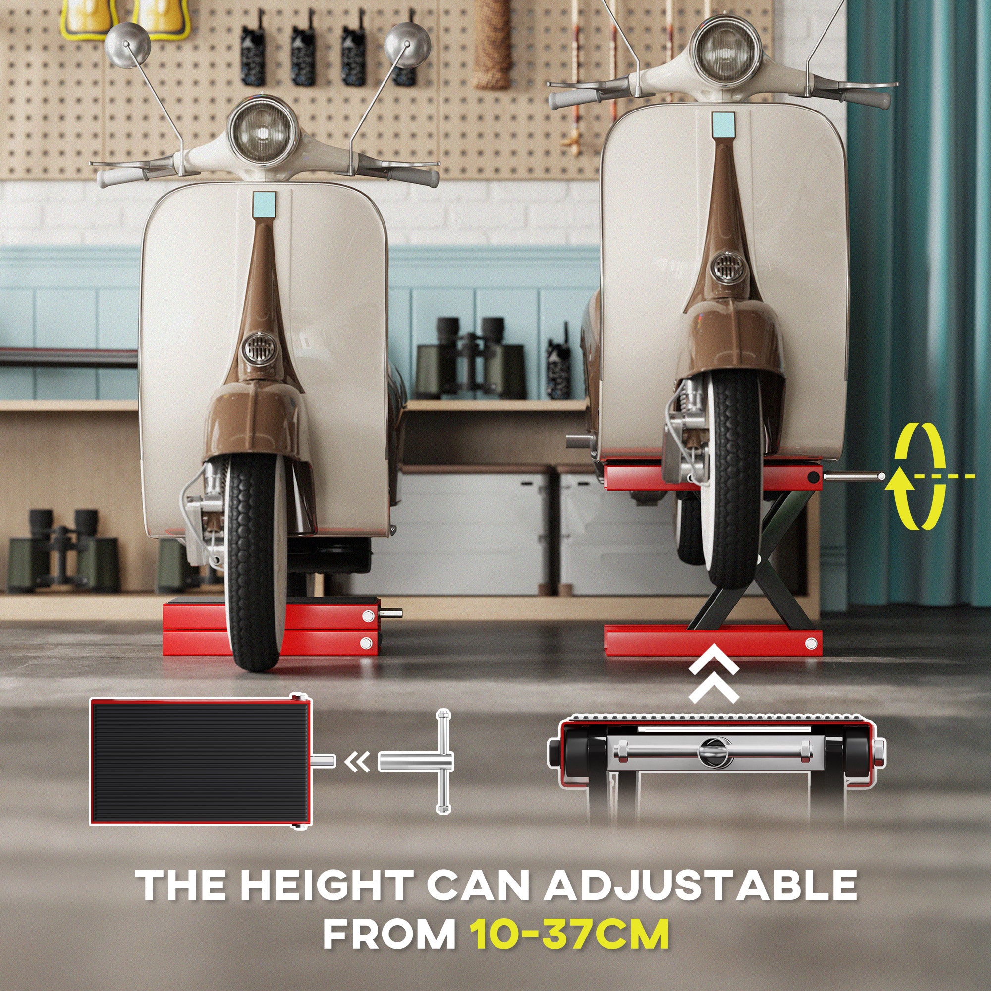 Kozy 500KG Motorcycle Lift Scissor Jack, Height Adjustable Motorbike Stand with Anti-Slip Wide Deck, Heavy Duty Steel Motorbike Repair Lift Hoist Stand for Home Garage, Red