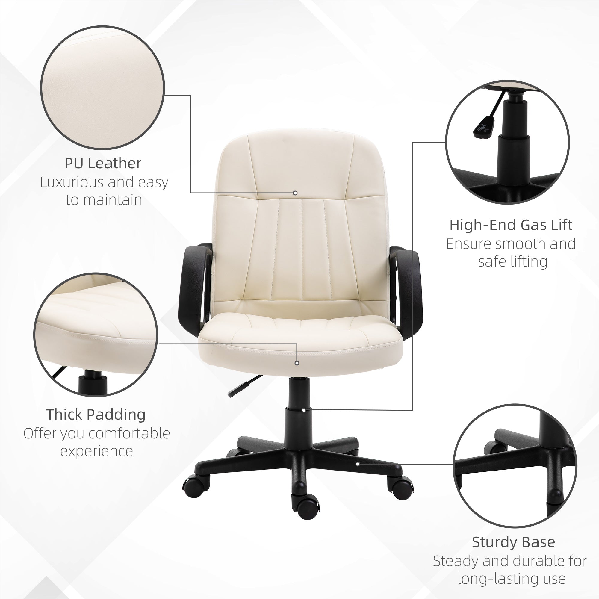Kozy Desk Chair, PU Leather Computer Office Chair with Adjustable Height, Swivel Wheels for Home Work Study, Cream White