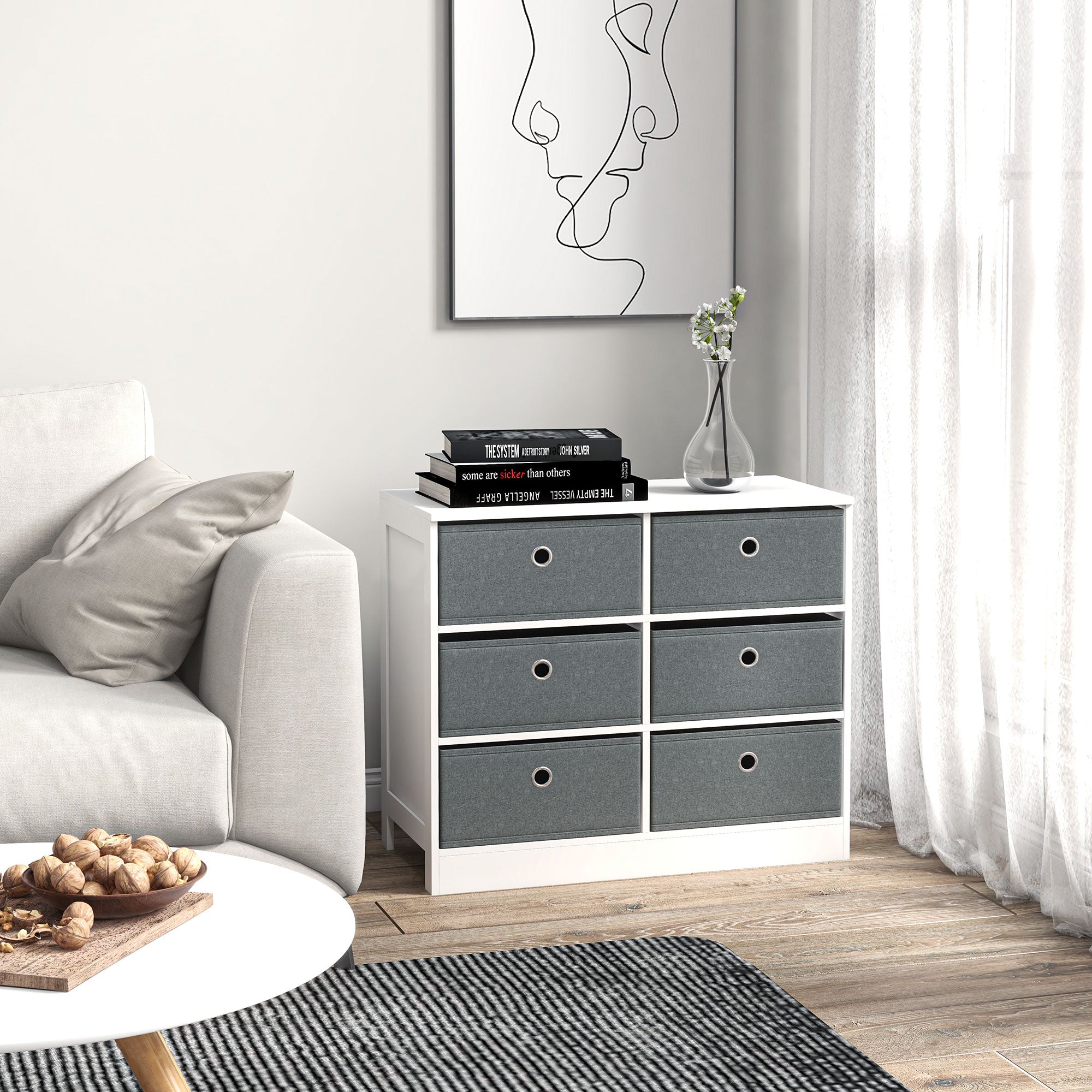 Kozy Chests of Drawer, Fabric Dresser Storage Cabinet with 6 Drawers for Bedroom, Living Room and Hallway, White and Grey