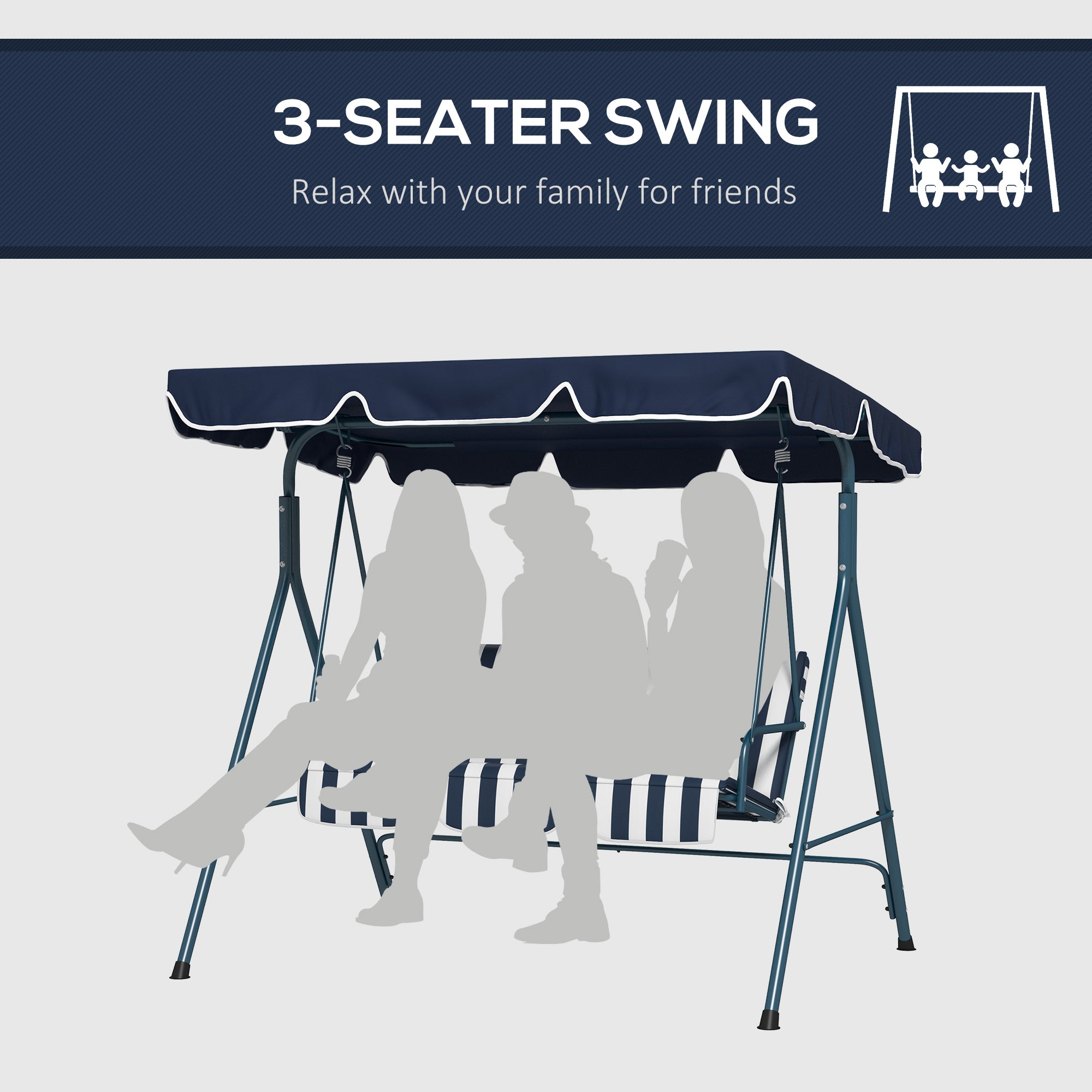 Outsunny 3 Seater Canopy Swing Chair Heavy Duty Outdoor Garden Bench with Sun Cover Metal Frame